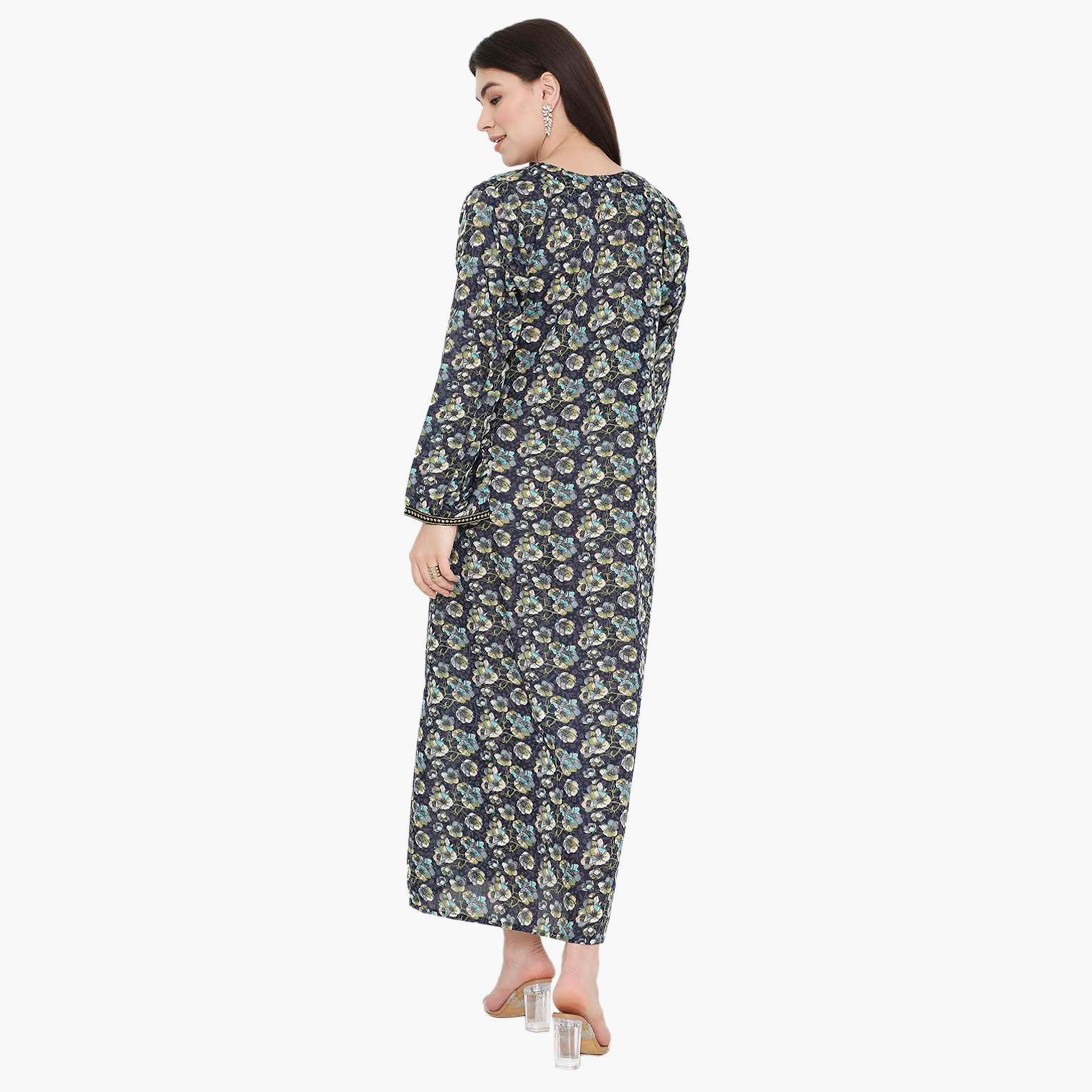 Hana & Sara Floral Square Embroidered Knot Neck Detail Women's Jalabiya-women-arabicclothing-jalabiyas-image-5