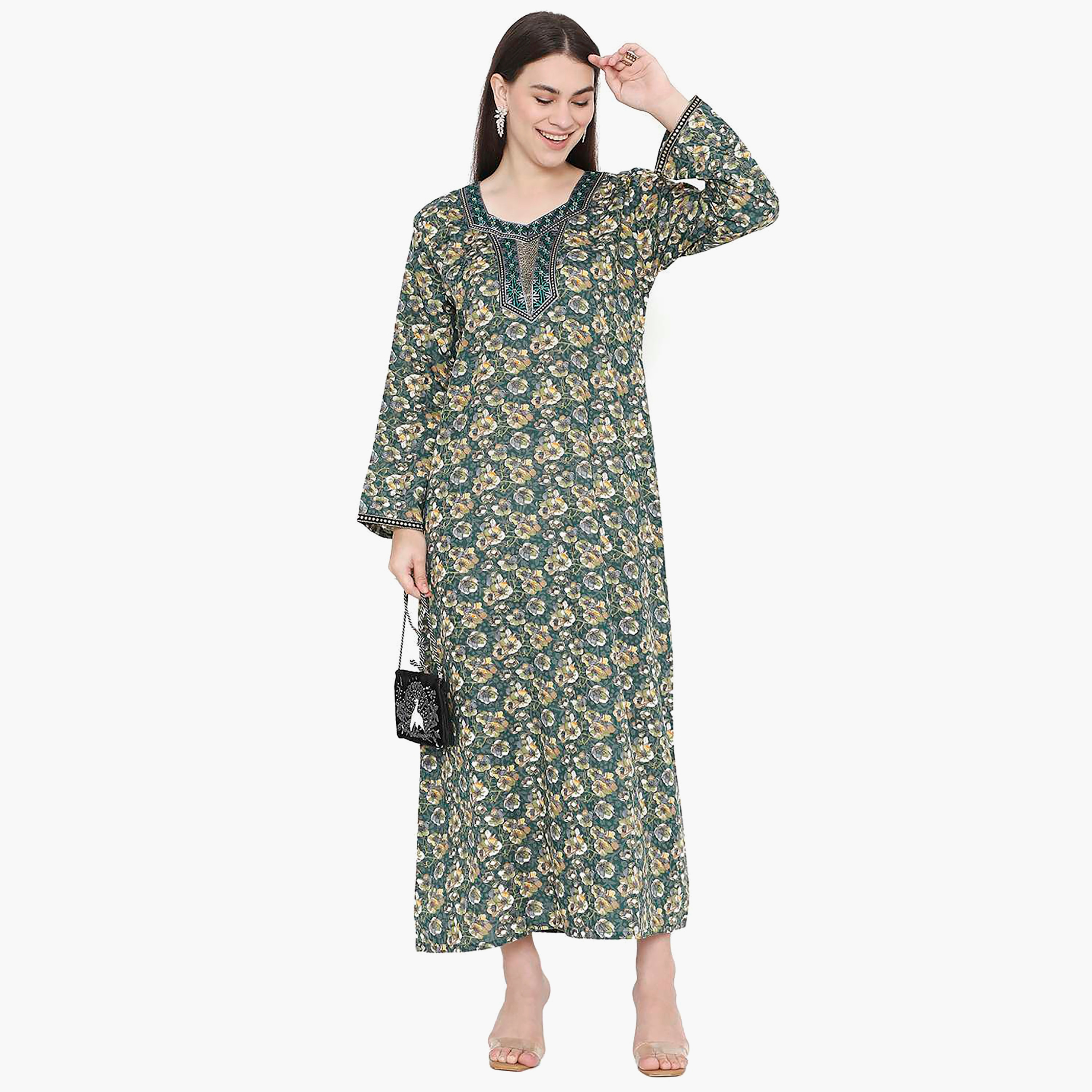 Hana & Sara Floral Square Embroidered Knot Neck Detail Women's Jalabiya-women-arabicclothing-jalabiyas-image-6