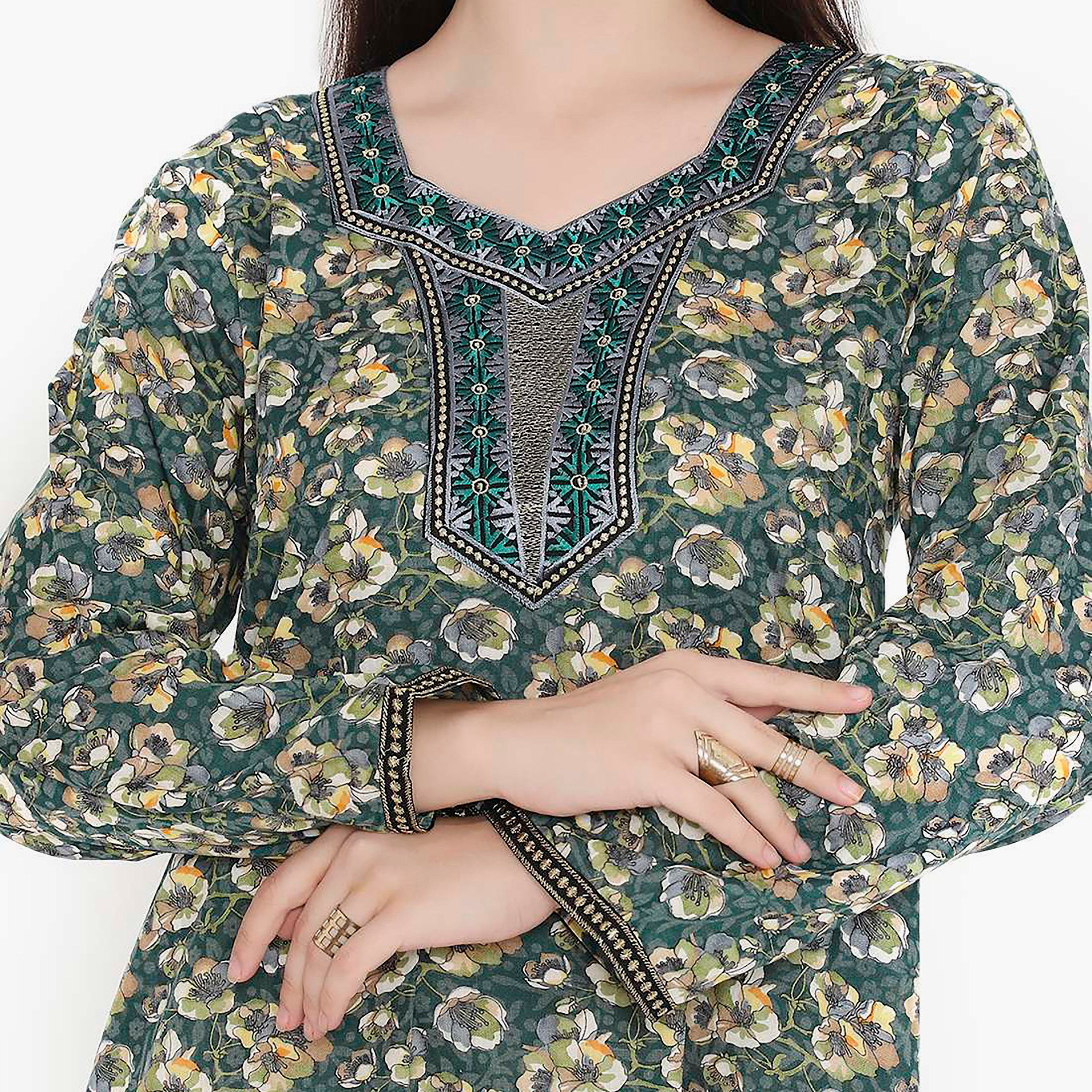 Hana & Sara Floral Square Embroidered Knot Neck Detail Women's Jalabiya-women-arabicclothing-jalabiyas-image-7