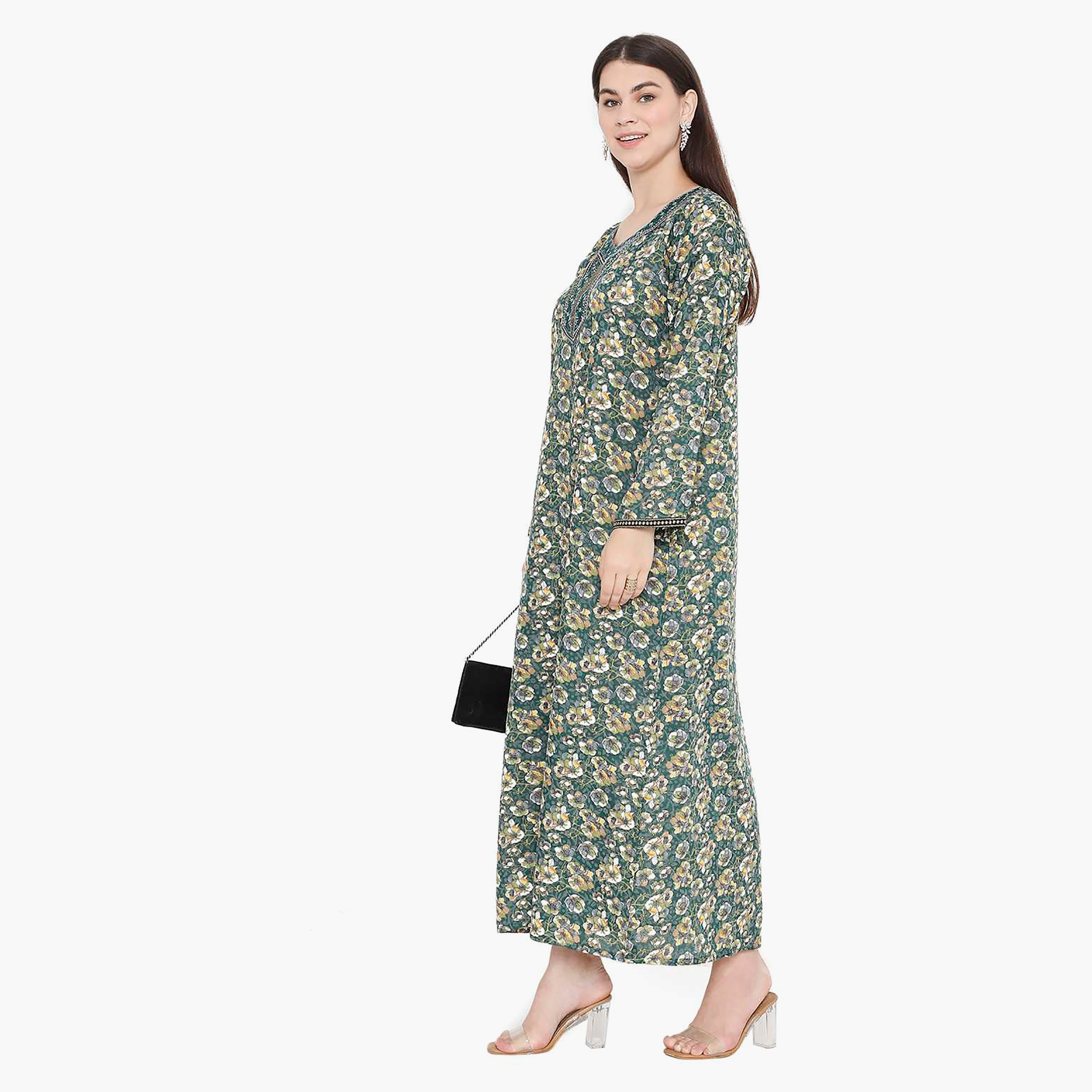Hana & Sara Floral Square Embroidered Knot Neck Detail Women's Jalabiya-women-arabicclothing-jalabiyas-image-8