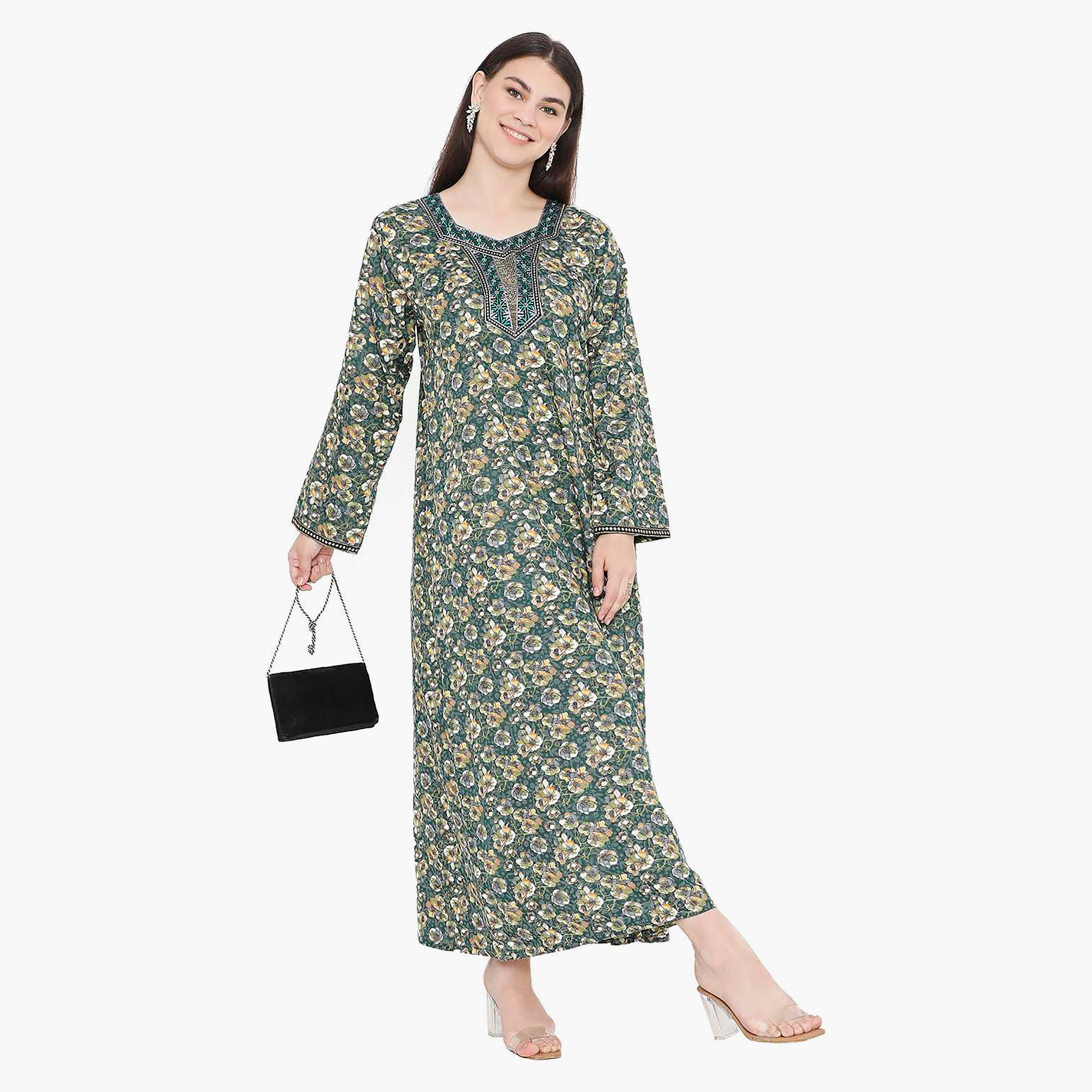 Hana & Sara Floral Square Embroidered Knot Neck Detail Women's Jalabiya-women-arabicclothing-jalabiyas-image-9