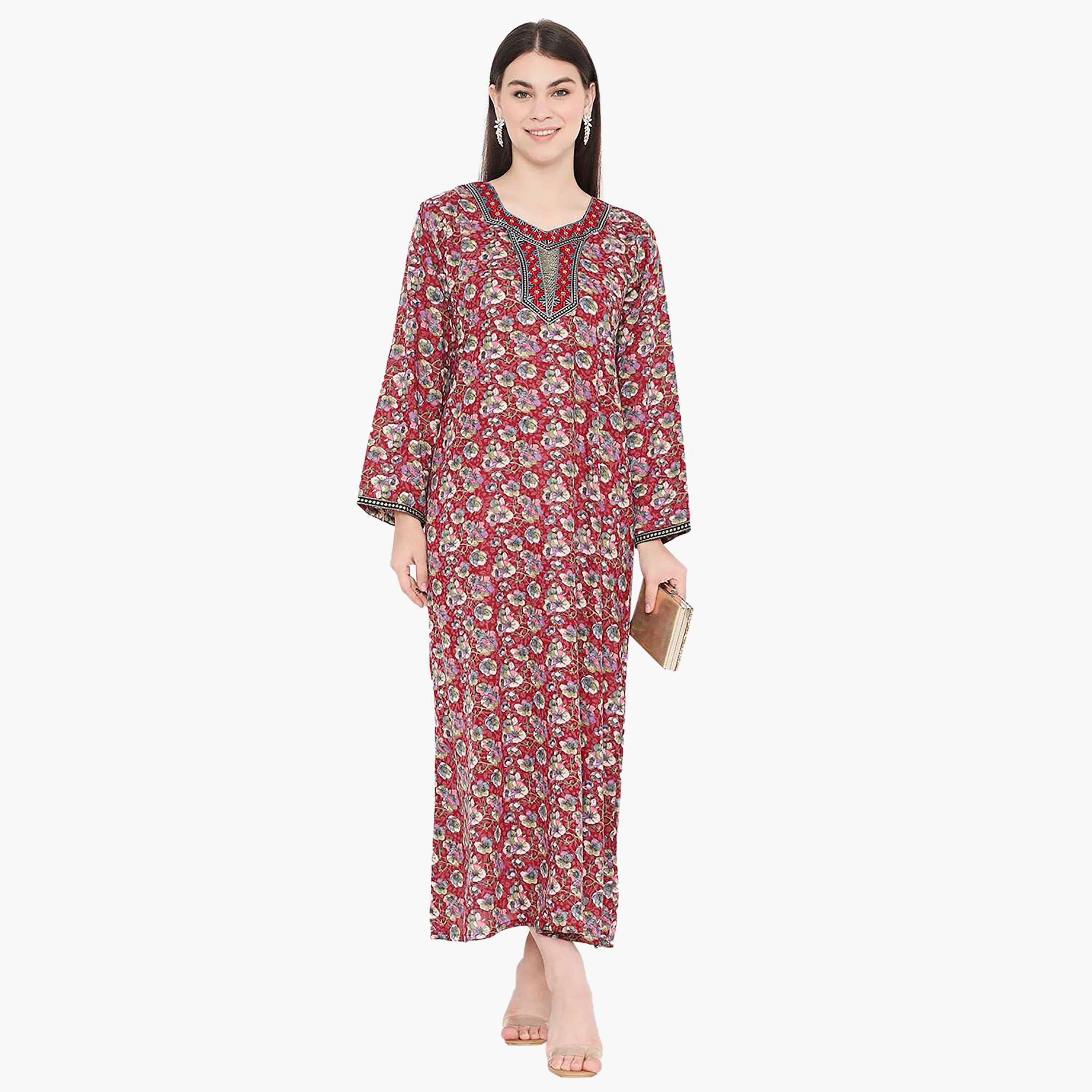Hana & Sara Floral Square Embroidered Knot Neck Detail Women's Jalabiya-women-arabicclothing-jalabiyas-image-11