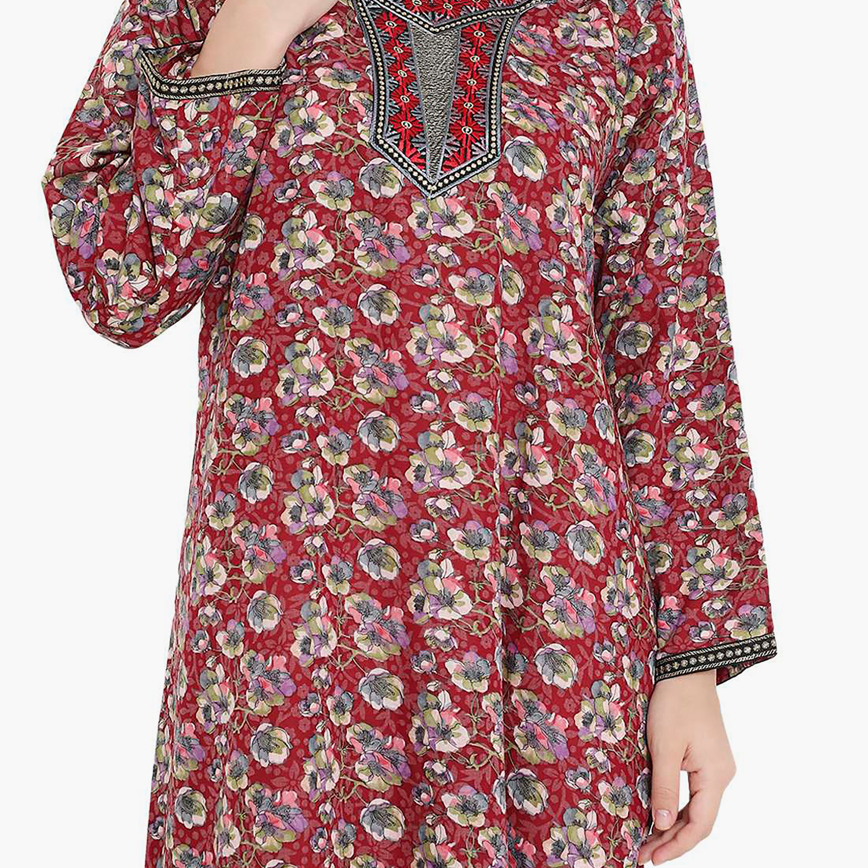 Hana & Sara Floral Square Embroidered Knot Neck Detail Women's Jalabiya-women-arabicclothing-jalabiyas-image-12