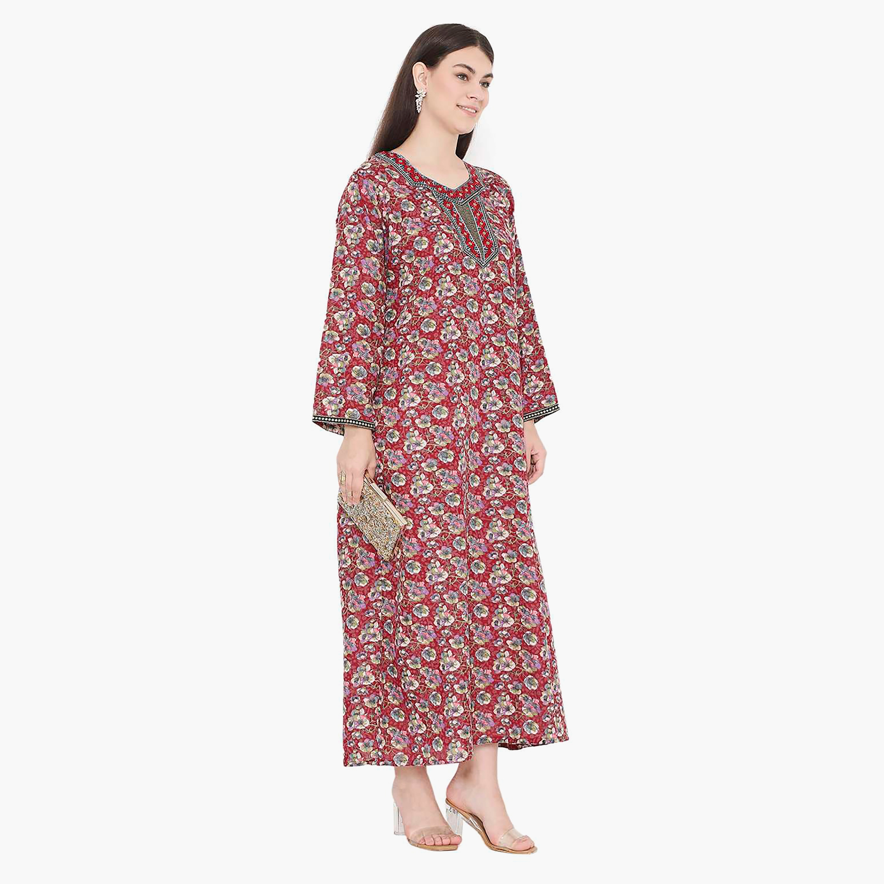 Hana & Sara Floral Square Embroidered Knot Neck Detail Women's Jalabiya-women-arabicclothing-jalabiyas-image-13