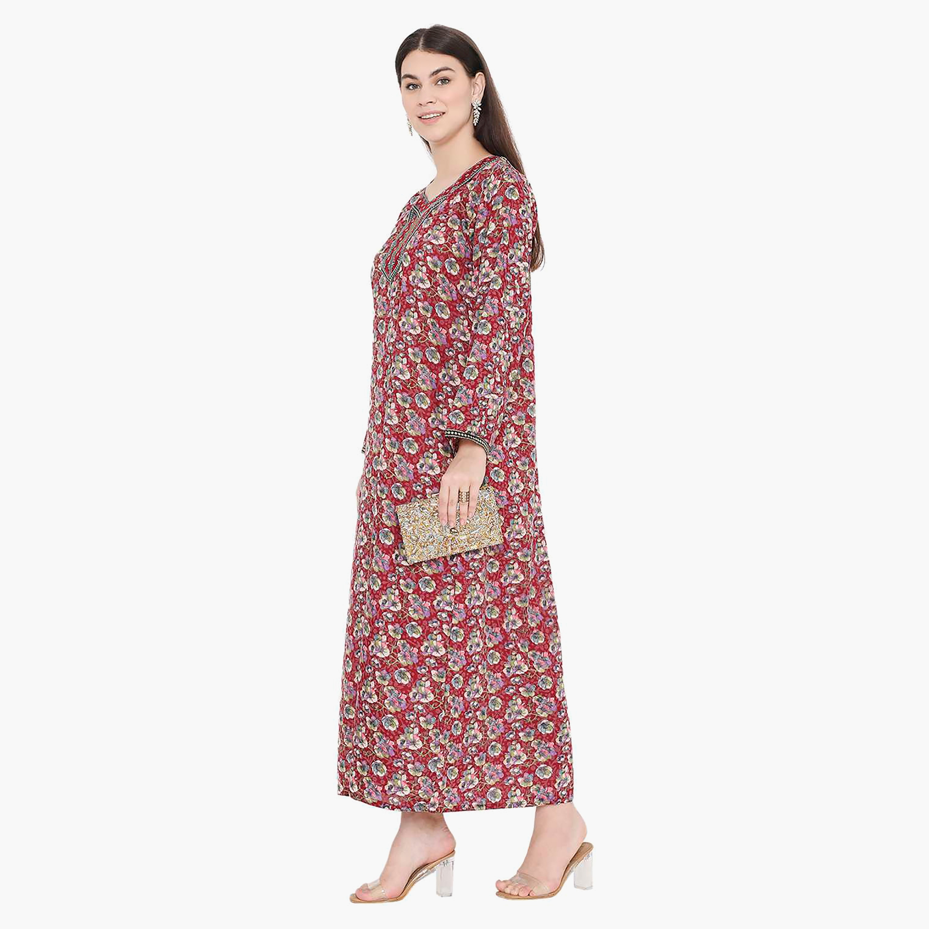 Hana & Sara Floral Square Embroidered Knot Neck Detail Women's Jalabiya-women-arabicclothing-jalabiyas-image-14