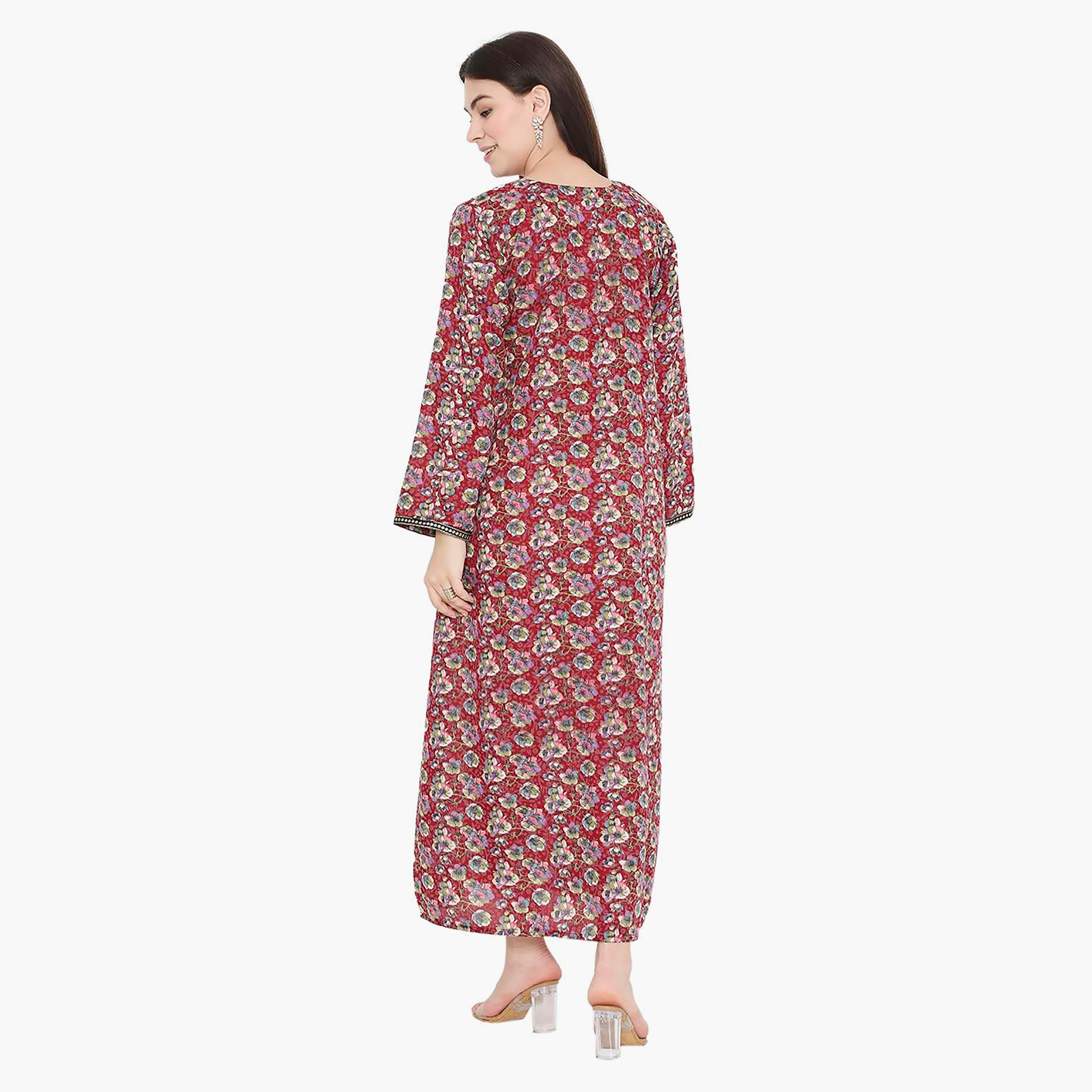 Hana & Sara Floral Square Embroidered Knot Neck Detail Women's Jalabiya-women-arabicclothing-jalabiyas-image-15