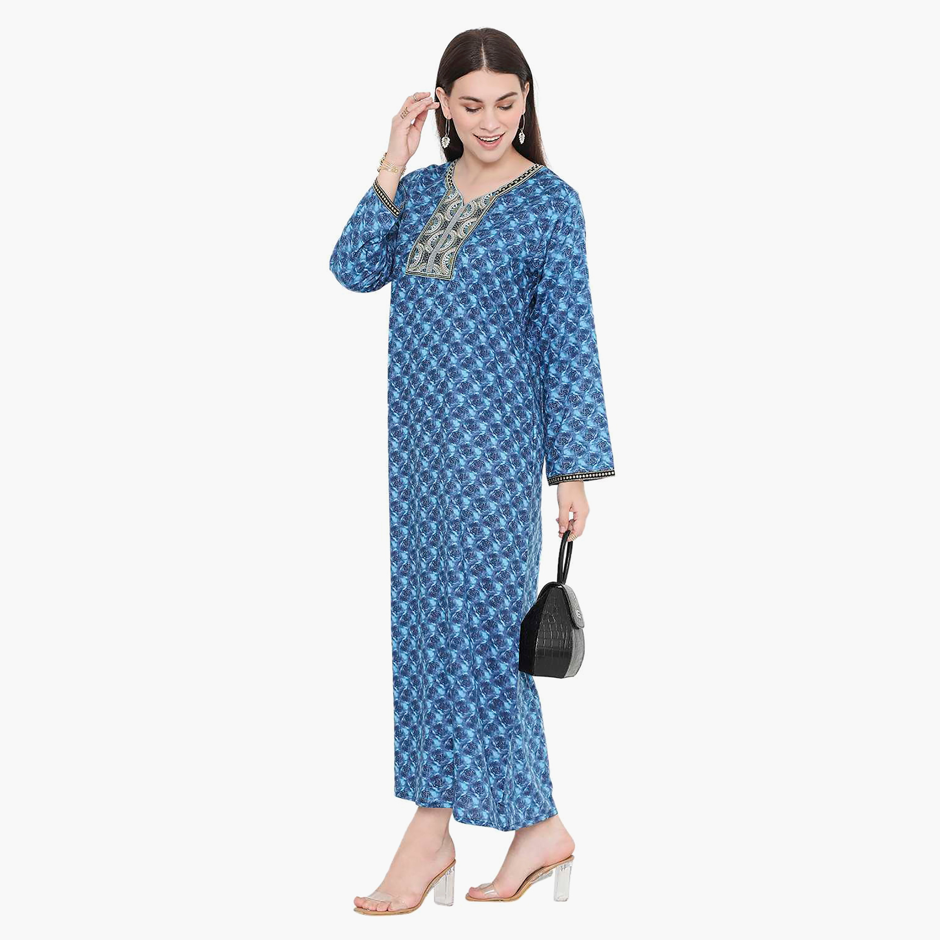 Hana & Sara Floral Embroidered Knot Neck Detail Women's Jalabiya-women-arabicclothing-jalabiyas-image-3