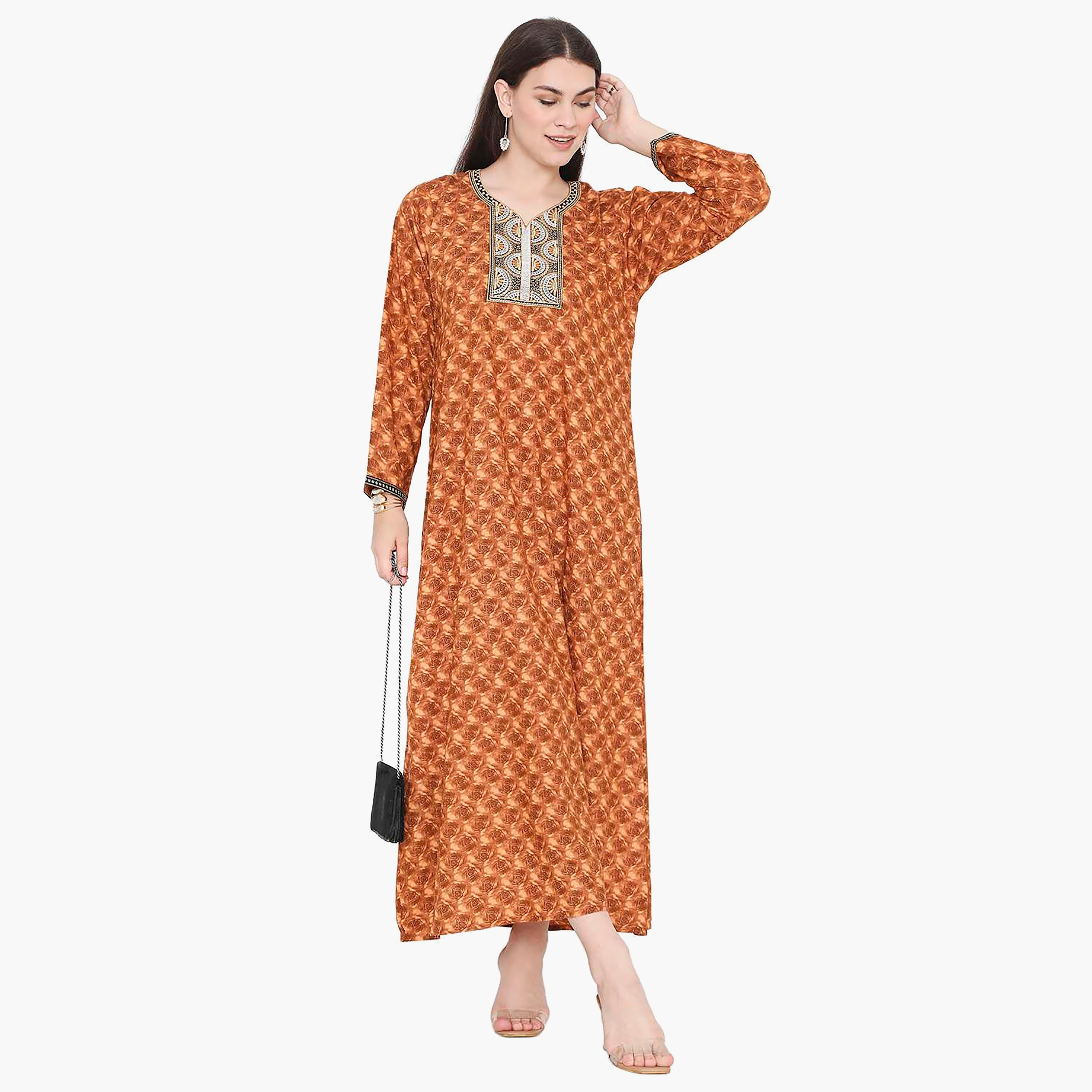 Hana & Sara Floral Embroidered Knot Neck Detail Women's Jalabiya-women-arabicclothing-jalabiyas-image-6