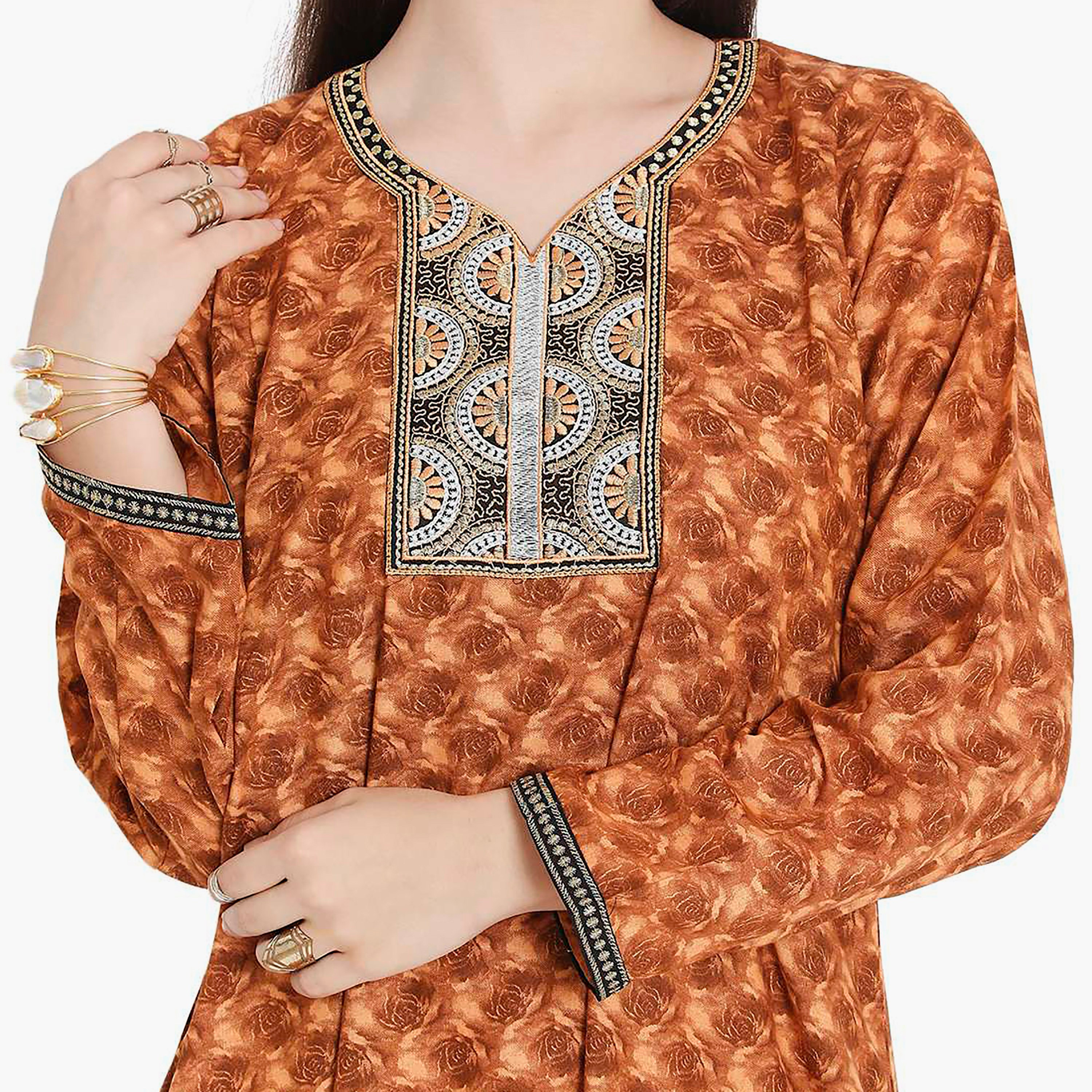 Hana & Sara Floral Embroidered Knot Neck Detail Women's Jalabiya-women-arabicclothing-jalabiyas-image-7