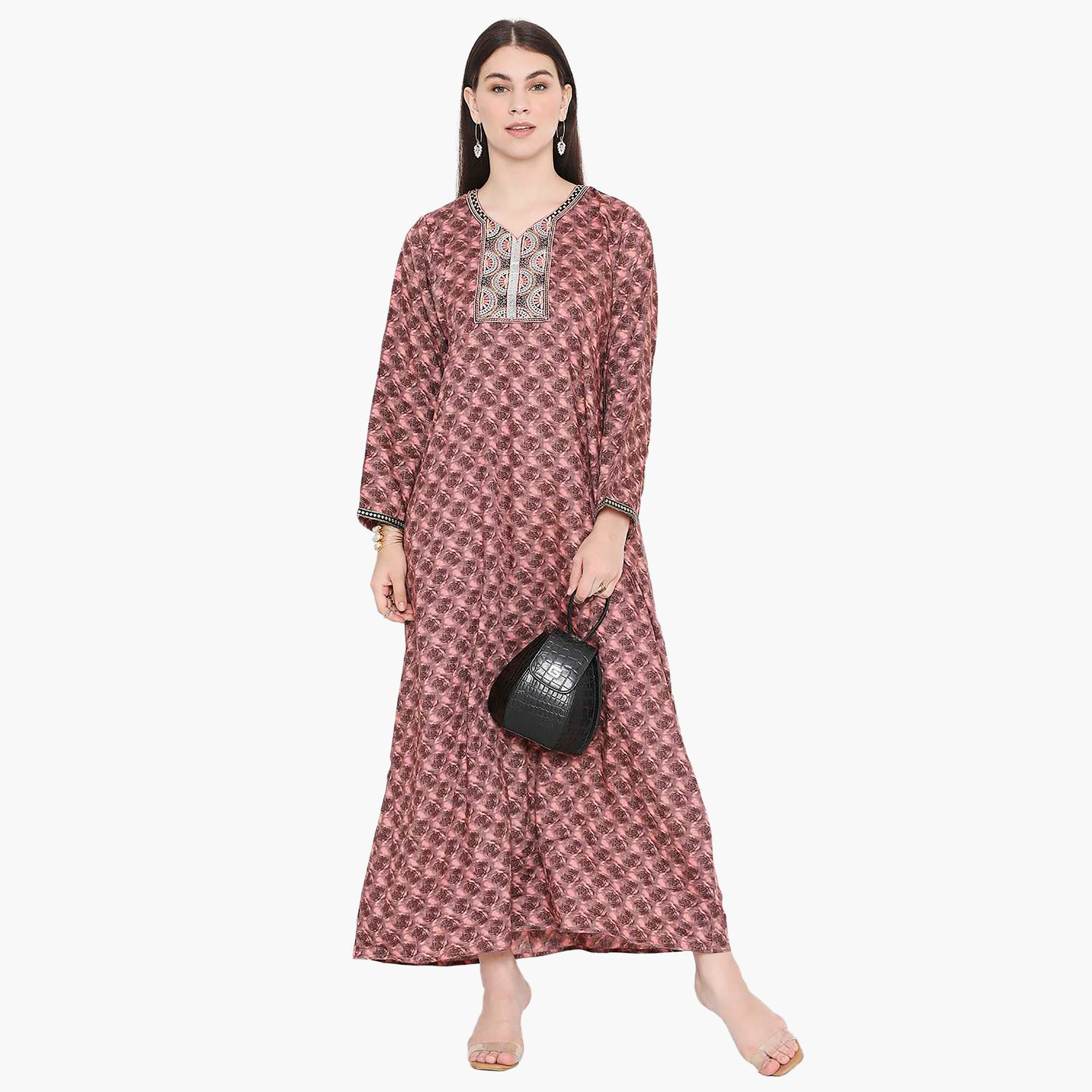 Hana & Sara Floral Embroidered Knot Neck Detail Women's Jalabiya-women-arabicclothing-jalabiyas-image-11