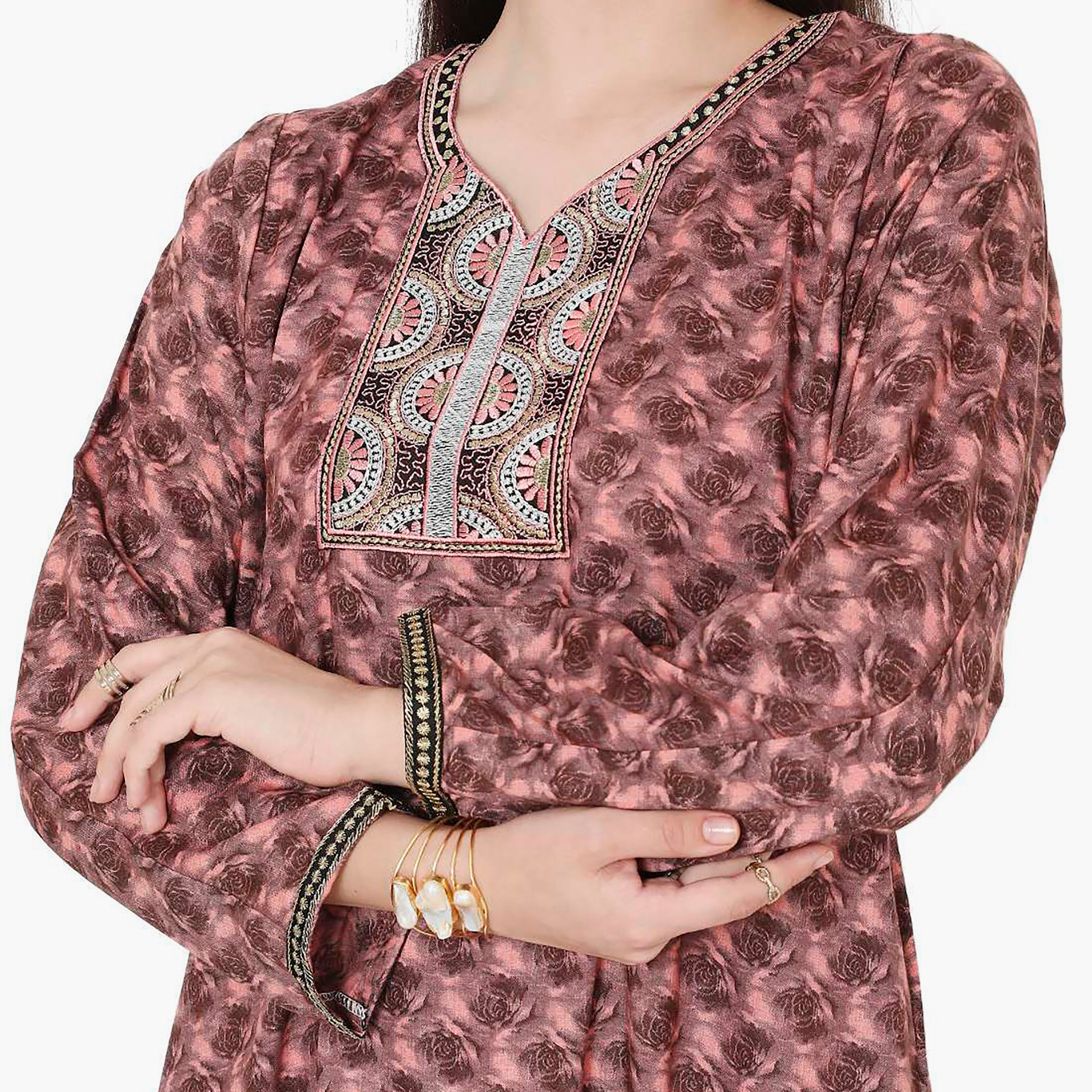 Hana & Sara Floral Embroidered Knot Neck Detail Women's Jalabiya-women-arabicclothing-jalabiyas-image-12