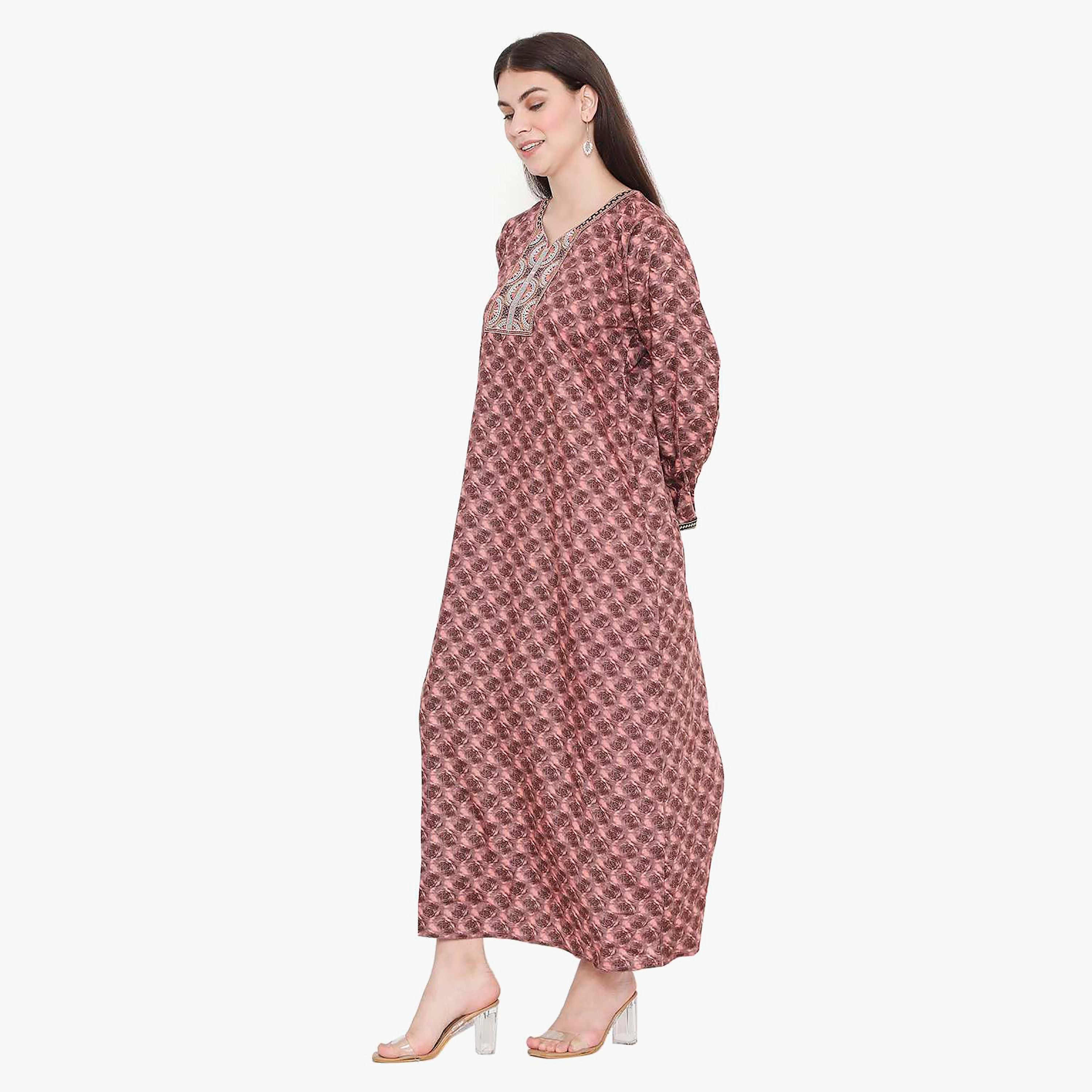 Hana & Sara Floral Embroidered Knot Neck Detail Women's Jalabiya-women-arabicclothing-jalabiyas-image-13