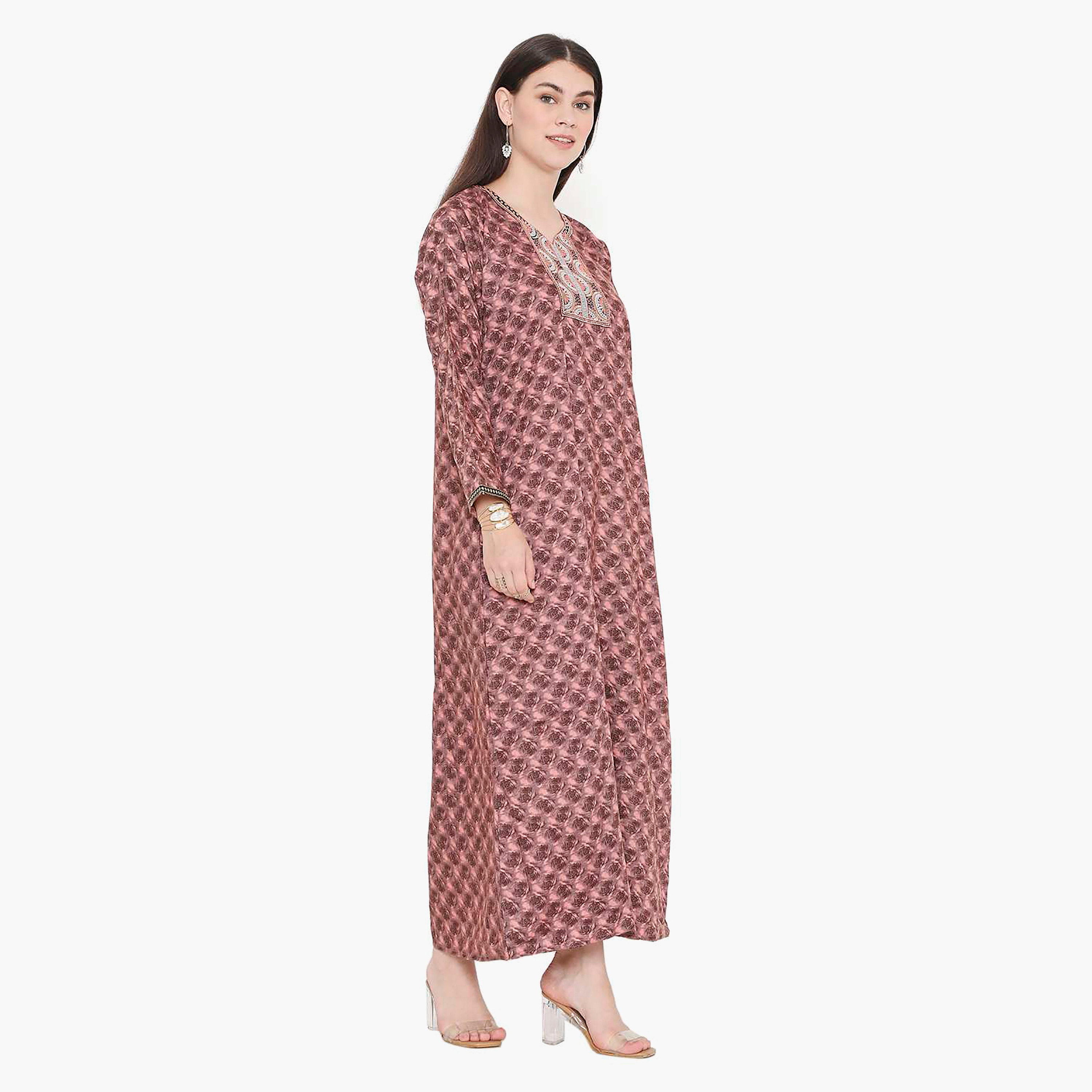 Hana & Sara Floral Embroidered Knot Neck Detail Women's Jalabiya-women-arabicclothing-jalabiyas-image-14
