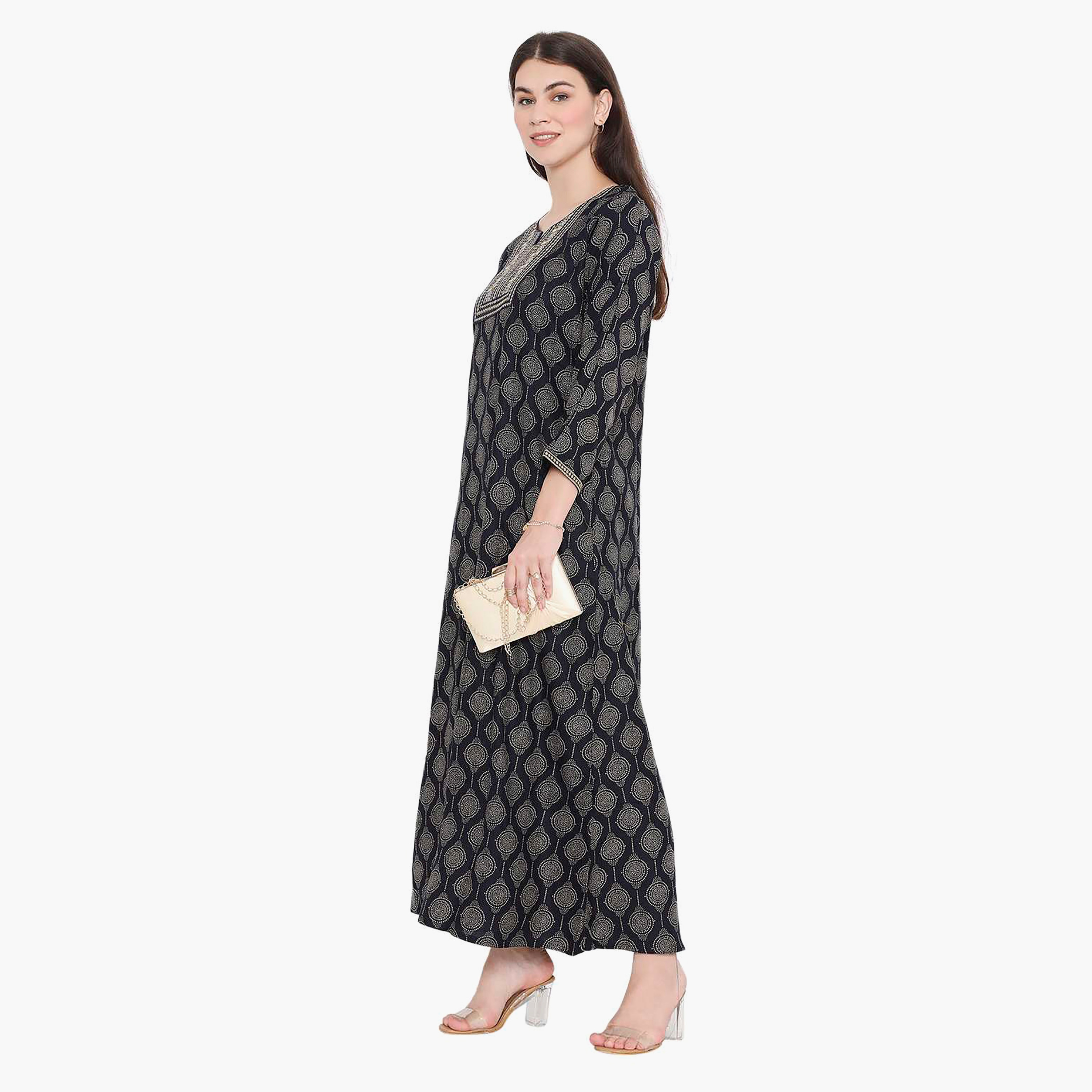 Hana & Sara Printed Embroidered Knot Neck Detail Women's Jalabiya-women-arabicclothing-jalabiyas-image-4