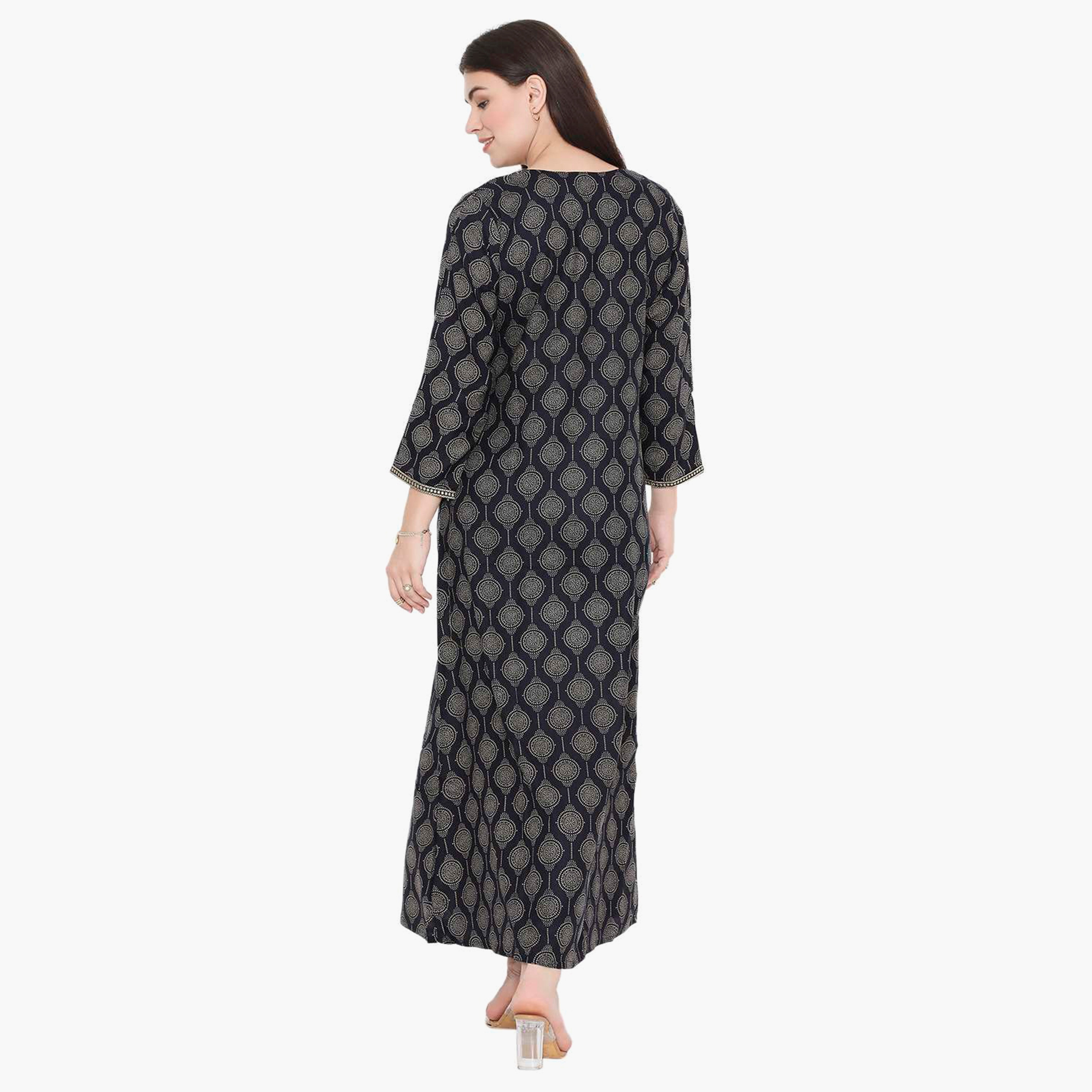 Hana & Sara Printed Embroidered Knot Neck Detail Women's Jalabiya-women-arabicclothing-jalabiyas-image-5