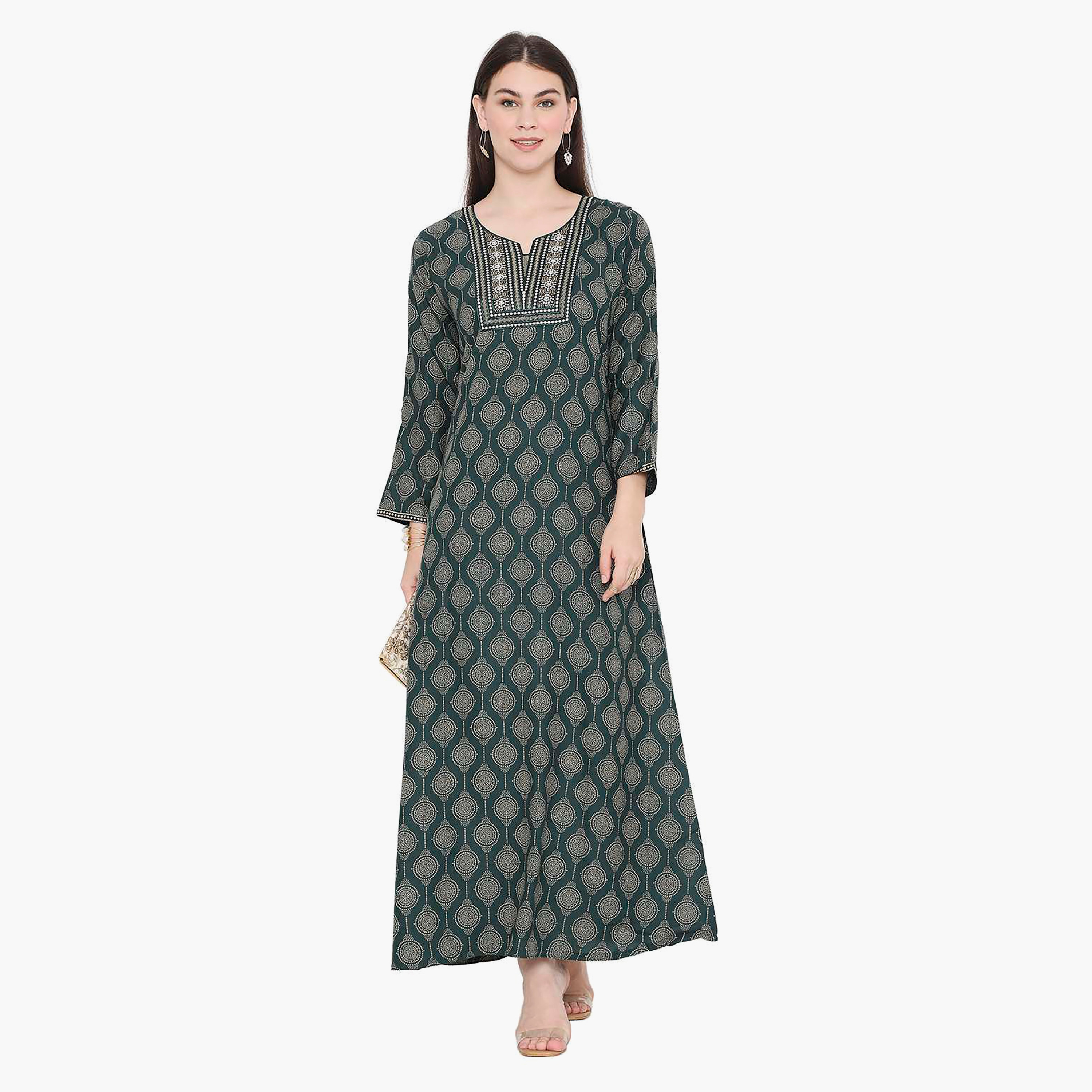 Hana & Sara Printed Embroidered Knot Neck Detail Women's Jalabiya-women-arabicclothing-jalabiyas-image-6