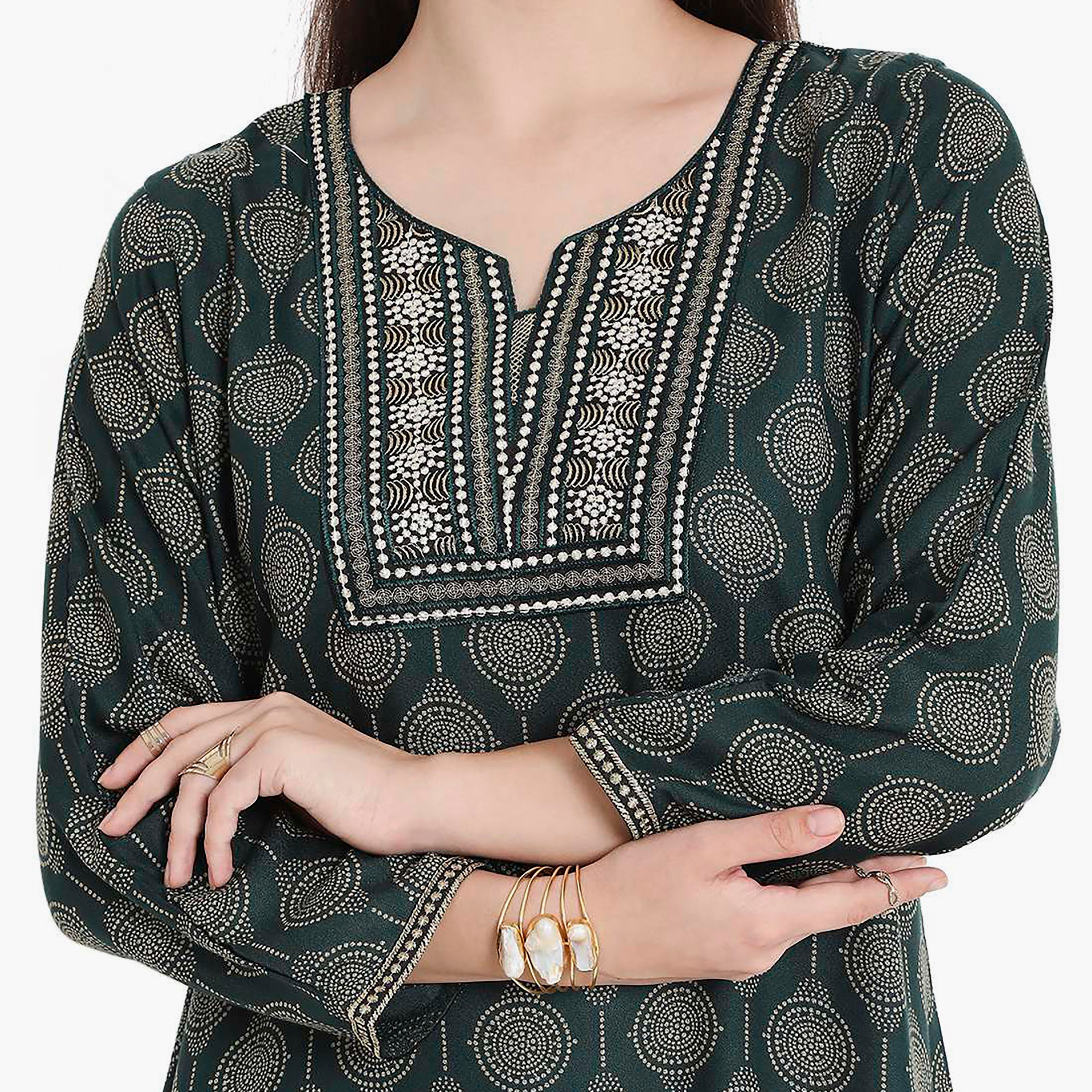 Hana & Sara Printed Embroidered Knot Neck Detail Women's Jalabiya-women-arabicclothing-jalabiyas-image-7