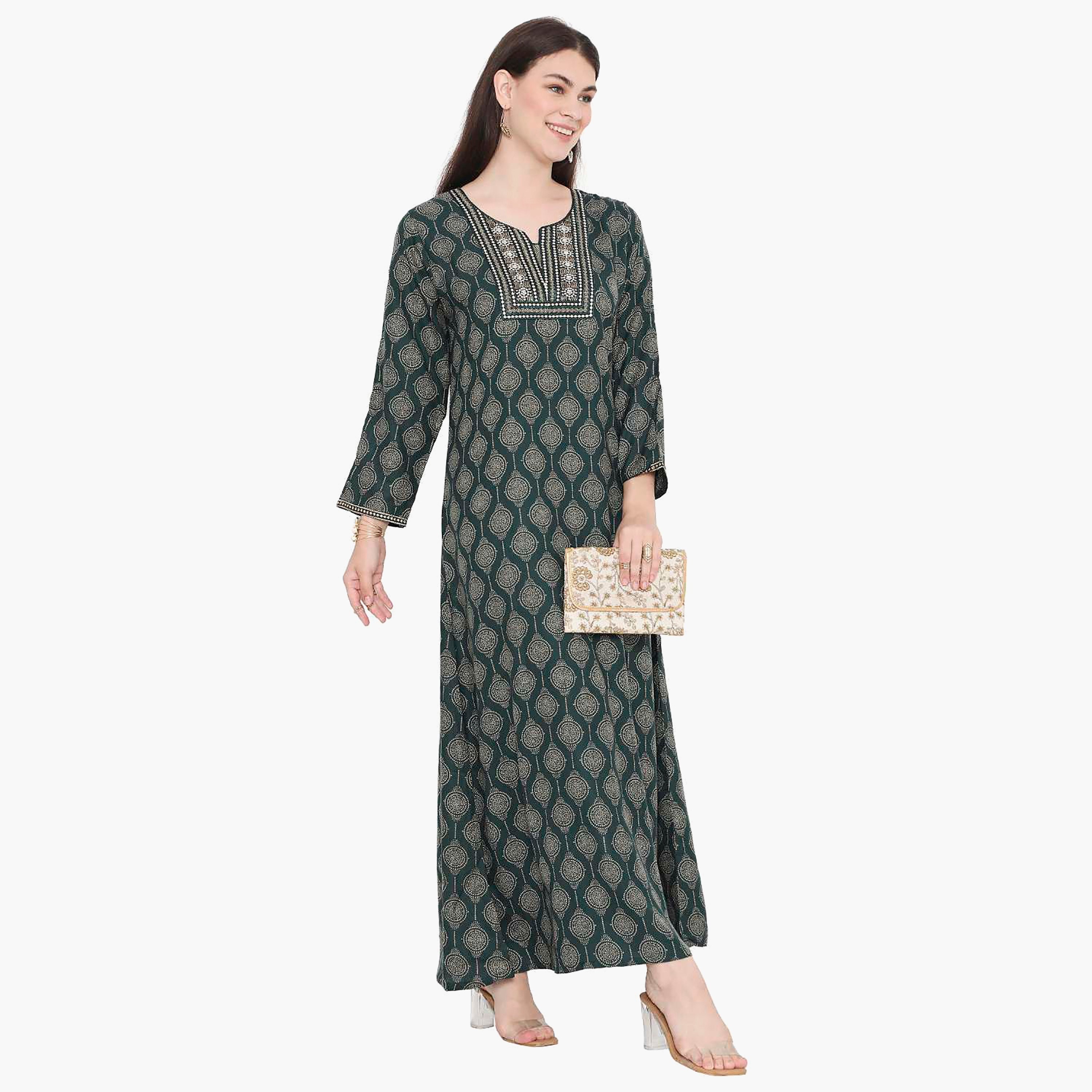 Hana & Sara Printed Embroidered Knot Neck Detail Women's Jalabiya-women-arabicclothing-jalabiyas-image-8