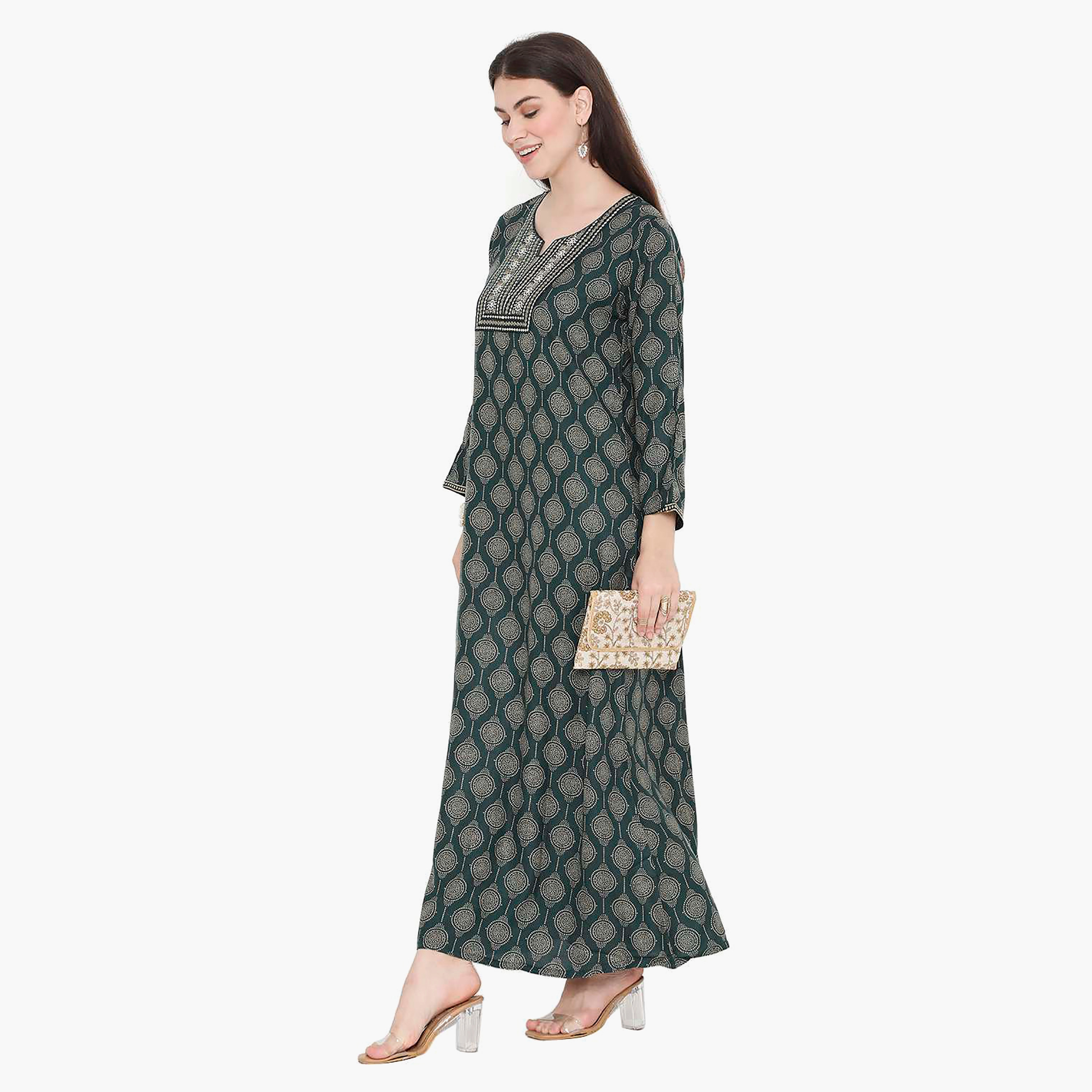 Hana & Sara Printed Embroidered Knot Neck Detail Women's Jalabiya-women-arabicclothing-jalabiyas-image-9