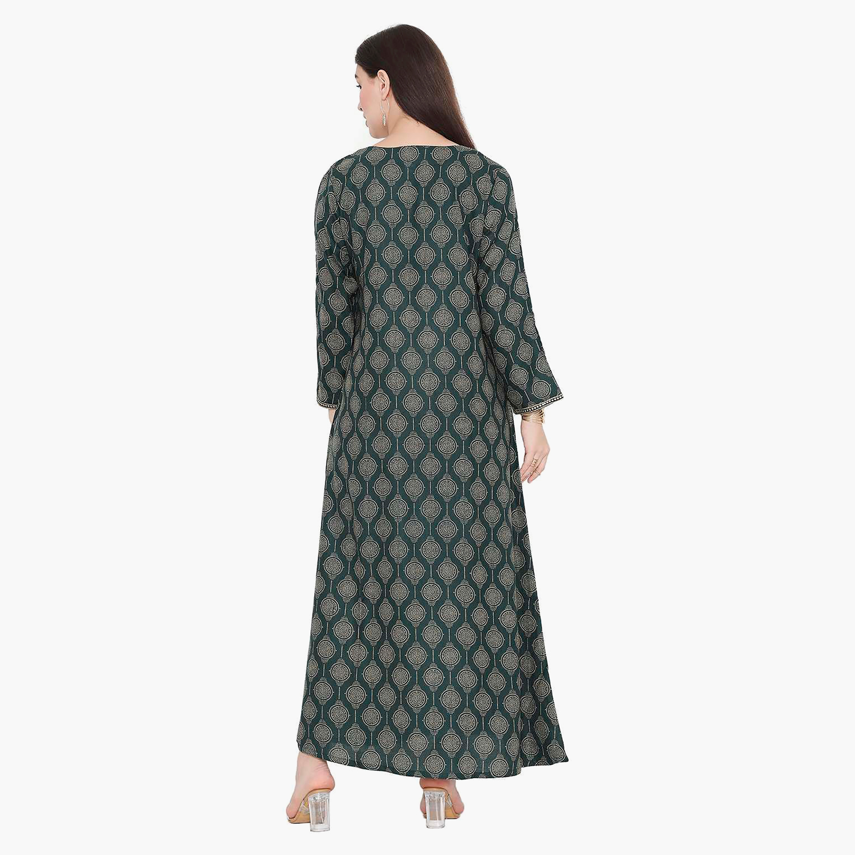 Hana & Sara Printed Embroidered Knot Neck Detail Women's Jalabiya-women-arabicclothing-jalabiyas-image-10