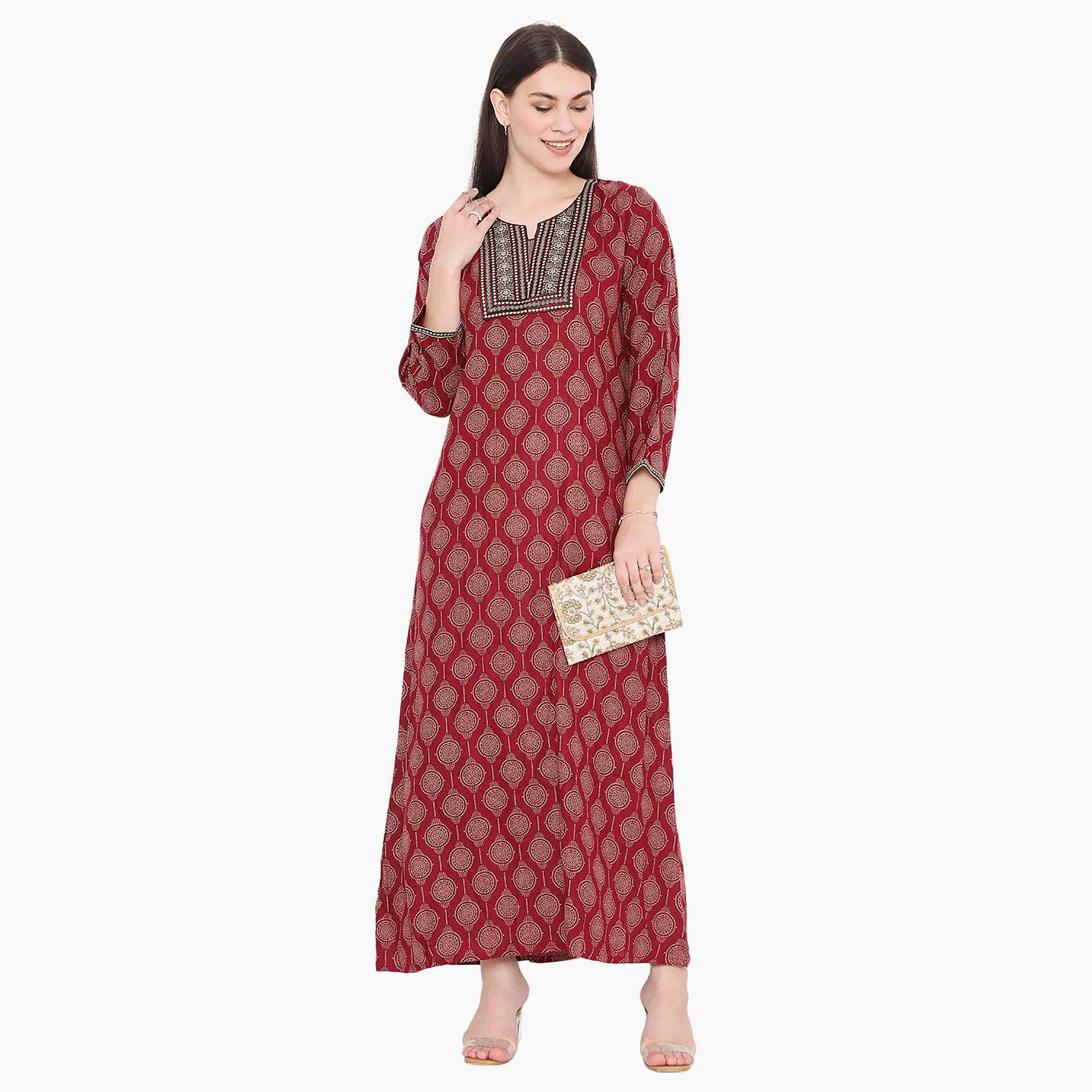 Hana & Sara Printed Embroidered Knot Neck Detail Women's Jalabiya-women-arabicclothing-jalabiyas-image-11