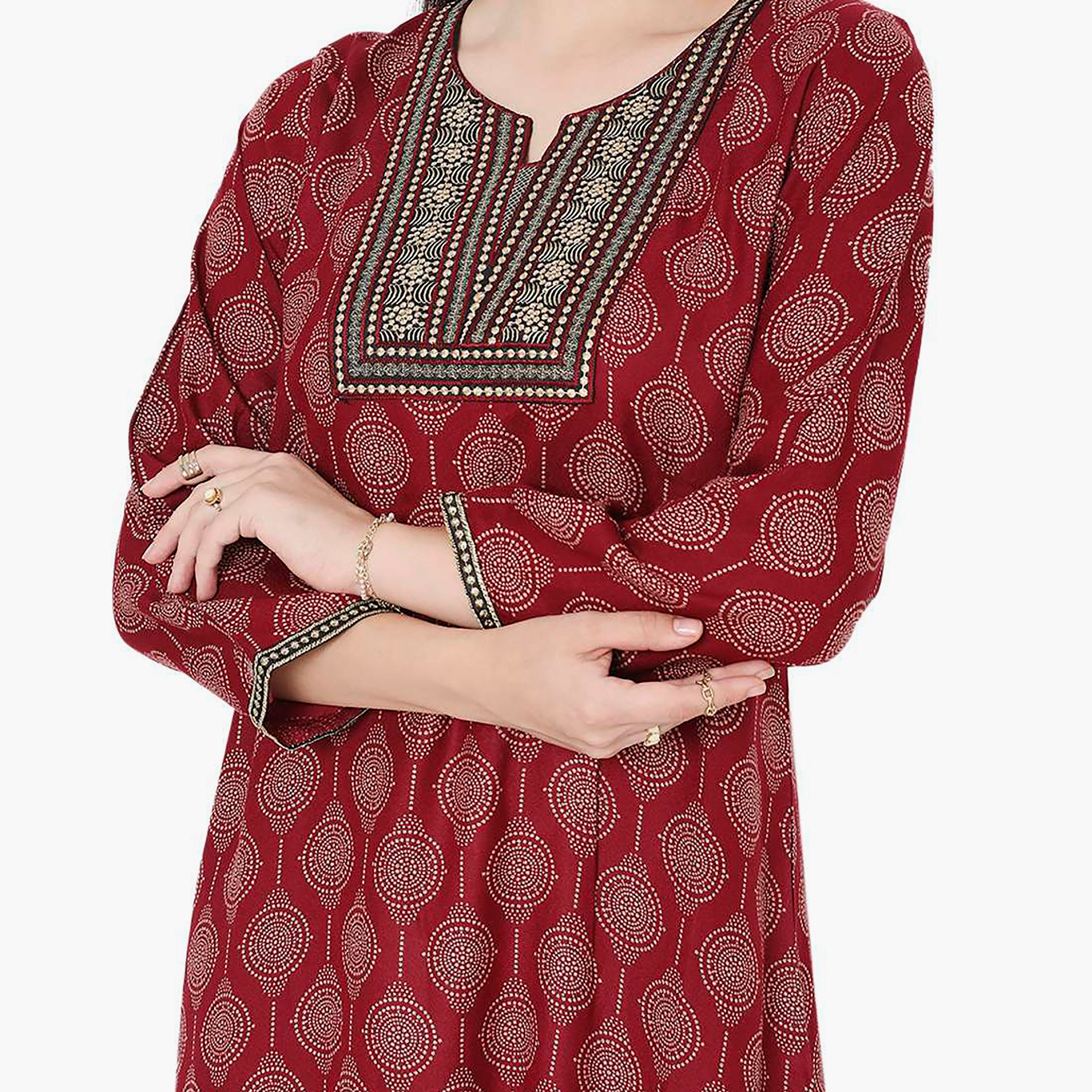 Hana & Sara Printed Embroidered Knot Neck Detail Women's Jalabiya-women-arabicclothing-jalabiyas-image-12