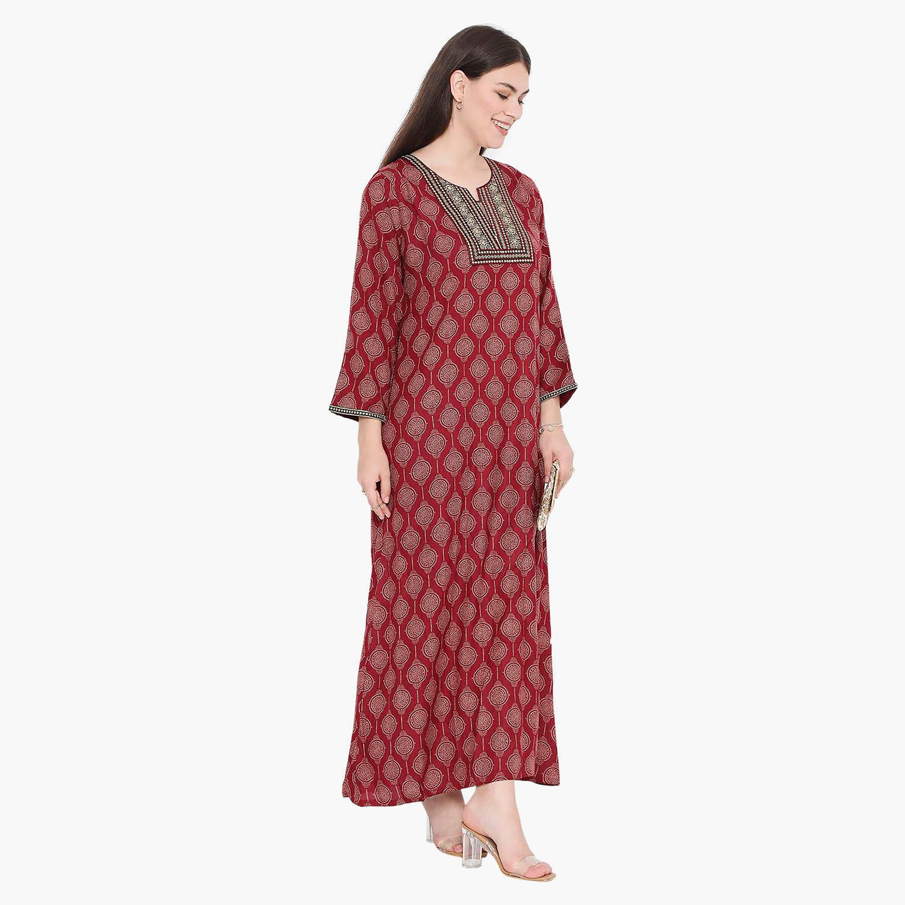 Hana & Sara Printed Embroidered Knot Neck Detail Women's Jalabiya-women-arabicclothing-jalabiyas-image-13