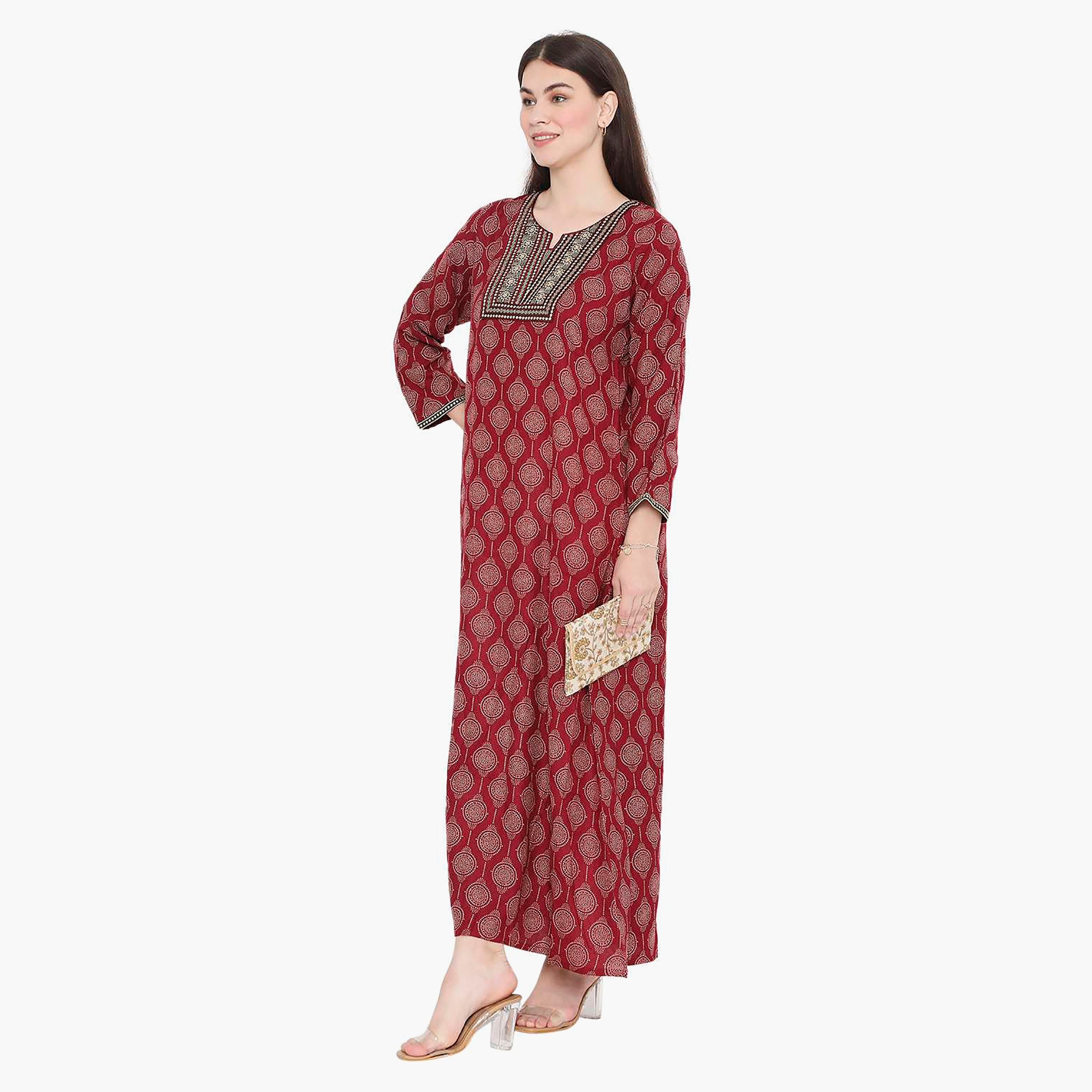 Hana & Sara Printed Embroidered Knot Neck Detail Women's Jalabiya-women-arabicclothing-jalabiyas-image-14