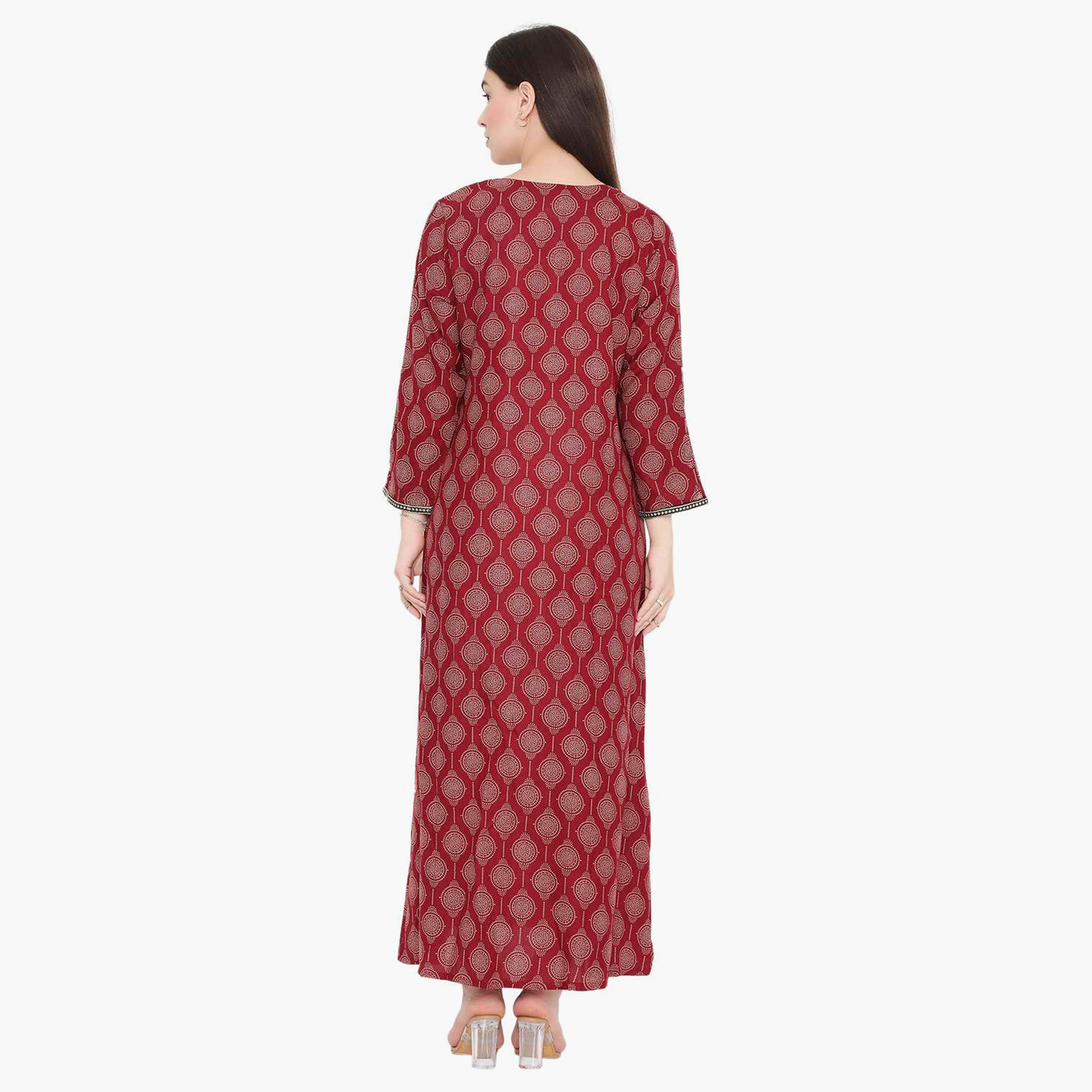 Hana & Sara Printed Embroidered Knot Neck Detail Women's Jalabiya-women-arabicclothing-jalabiyas-image-15