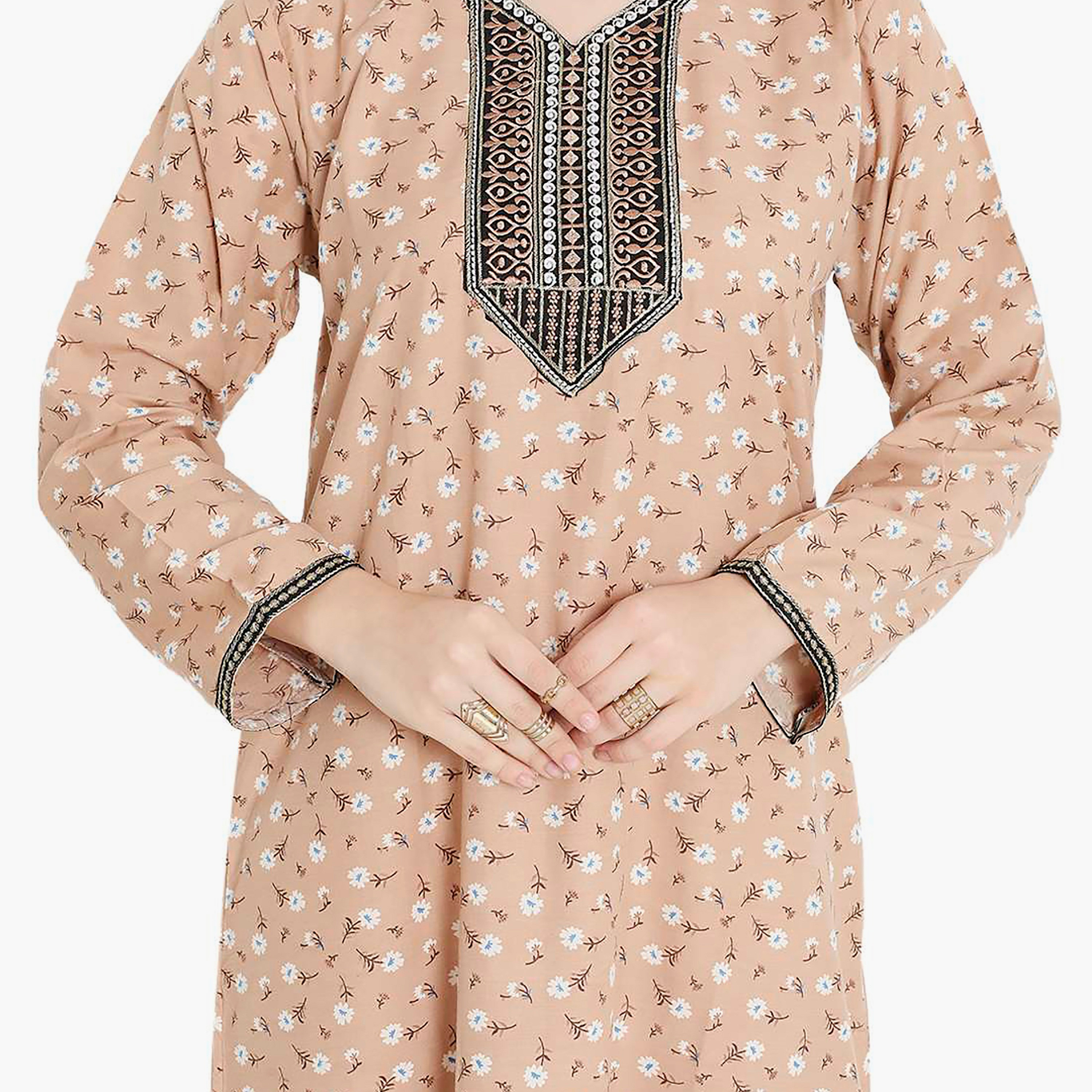 جلابية نسائية مطرزة بالزهور وعقدة عنق من هانا آند سارة-women-arabicclothing-jalabiyas-image-2