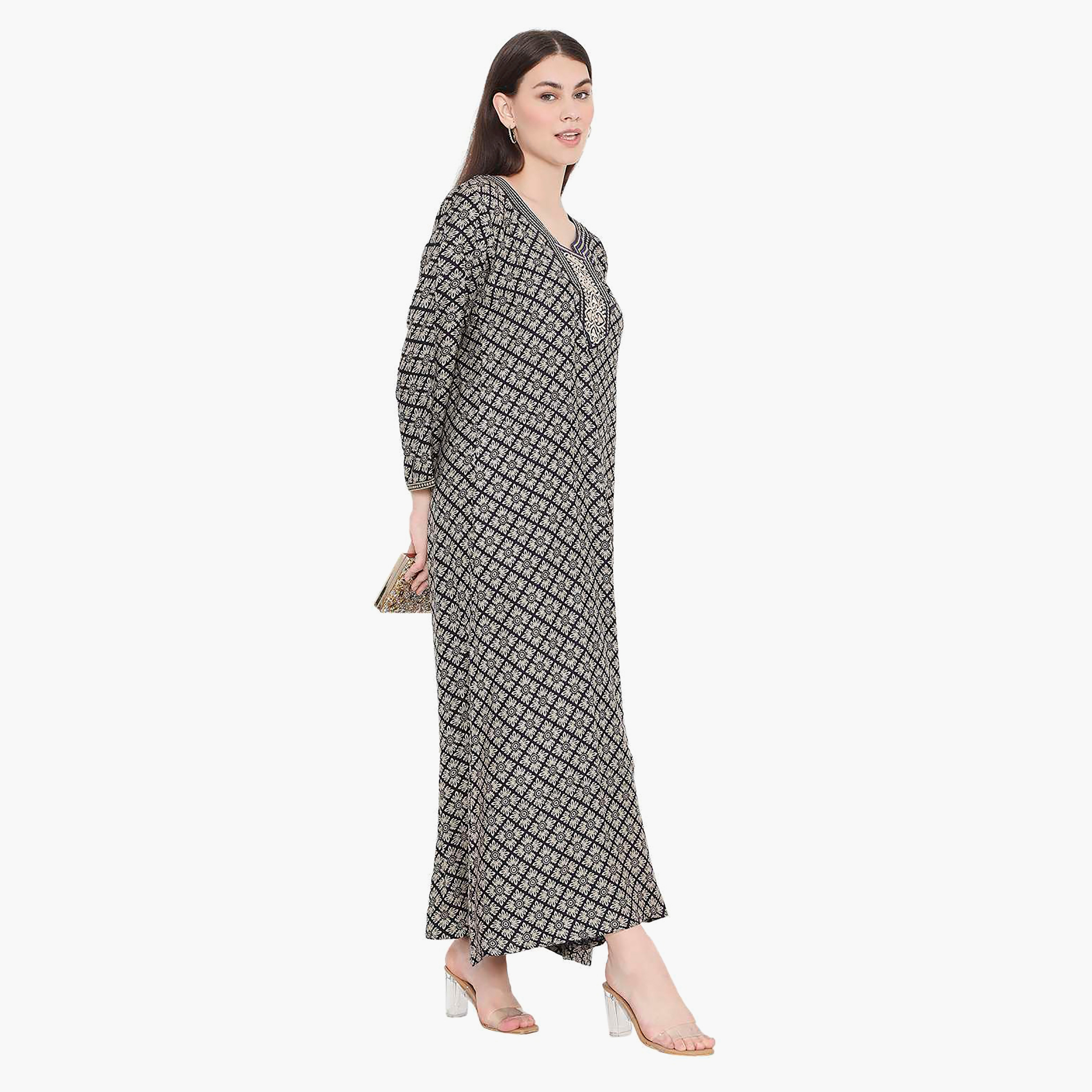 Hana & Sara Printed Embroidered Knot Neck Detail Women's Jalabiya-women-arabicclothing-jalabiyas-image-3