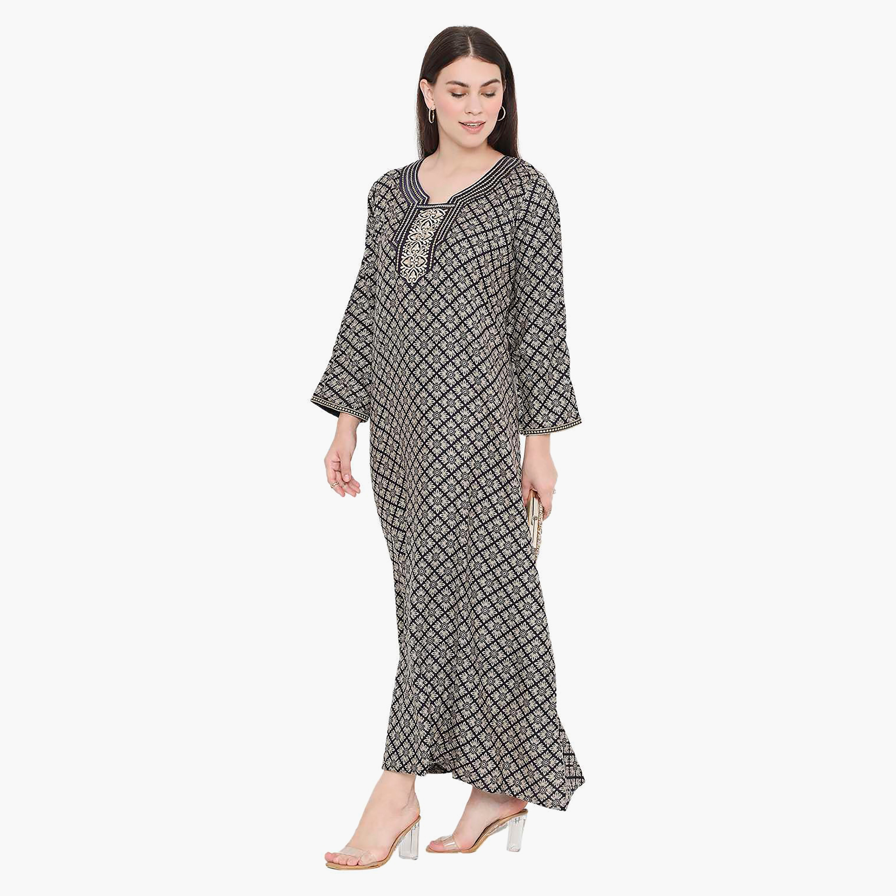 Hana & Sara Printed Embroidered Knot Neck Detail Women's Jalabiya-women-arabicclothing-jalabiyas-image-4