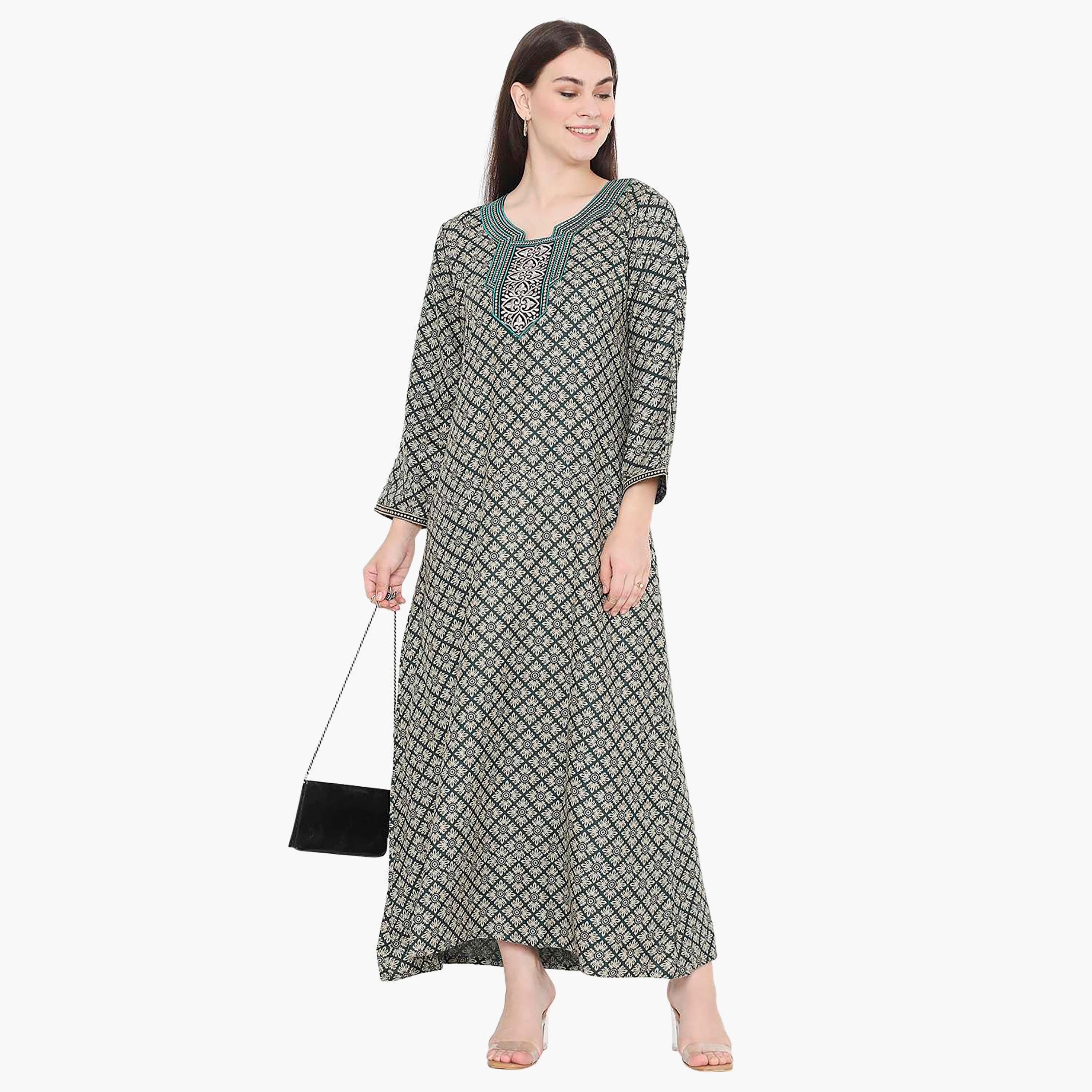 Hana & Sara Printed Embroidered Knot Neck Detail Women's Jalabiya-women-arabicclothing-jalabiyas-image-6