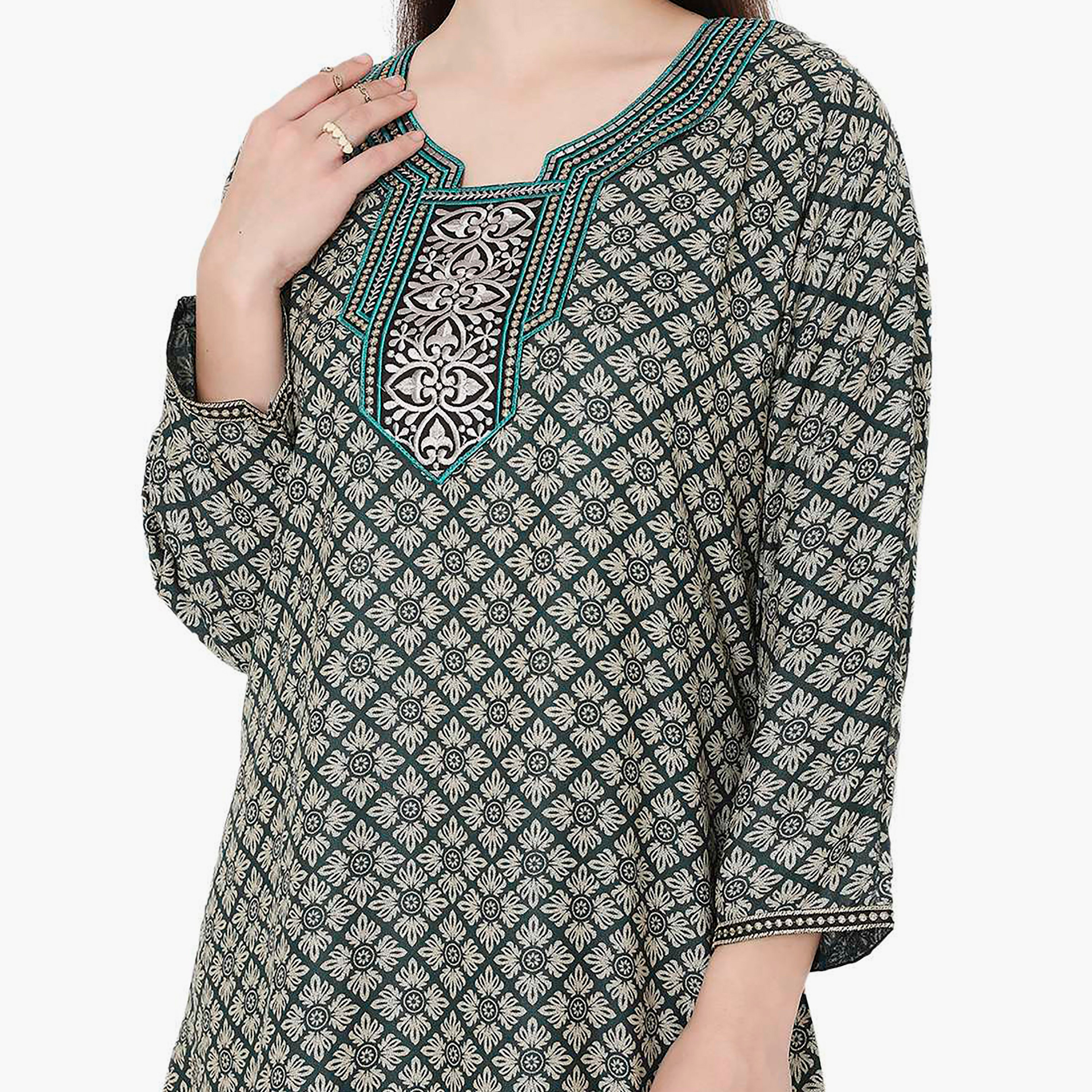 Hana & Sara Printed Embroidered Knot Neck Detail Women's Jalabiya-women-arabicclothing-jalabiyas-image-7
