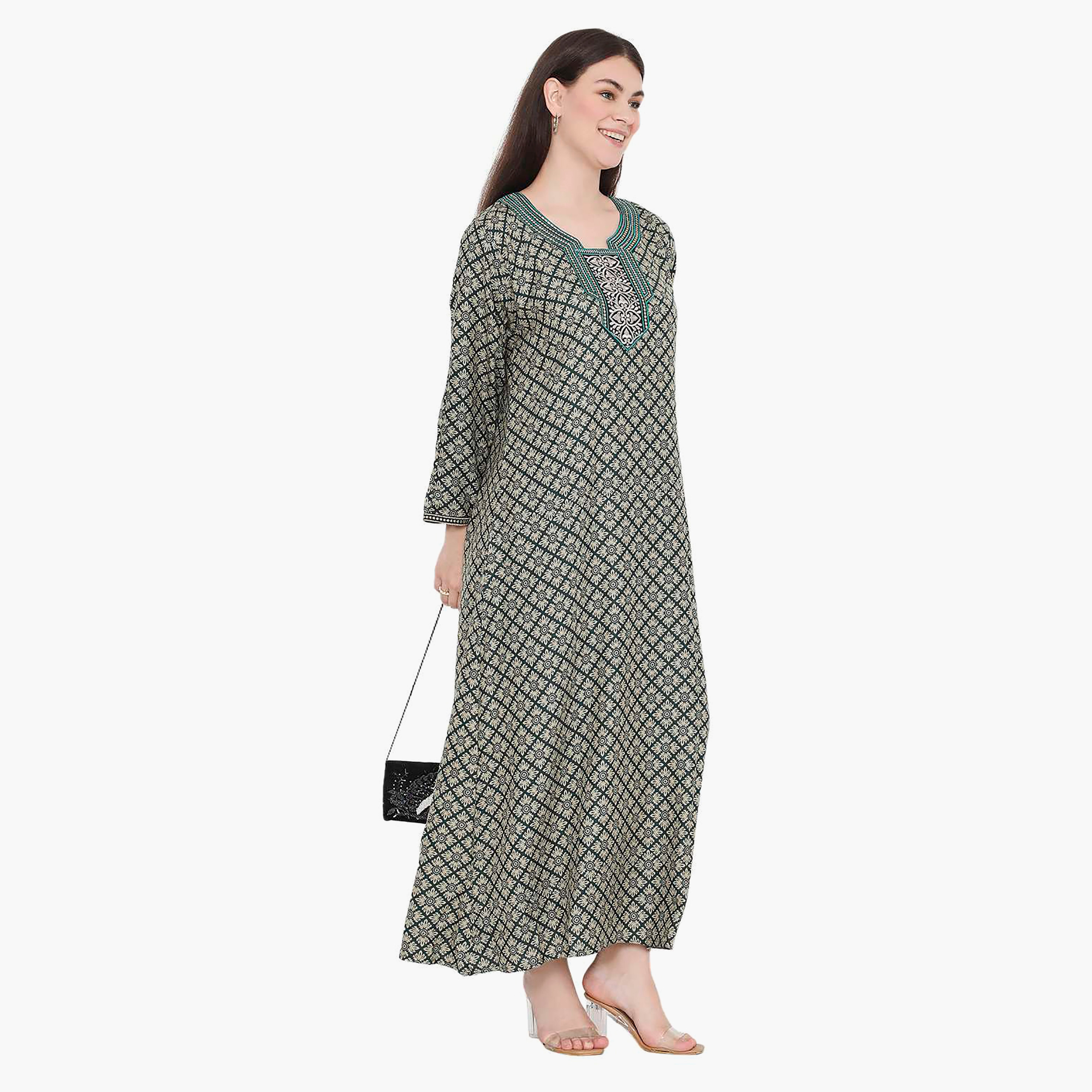 Hana & Sara Printed Embroidered Knot Neck Detail Women's Jalabiya-women-arabicclothing-jalabiyas-image-8