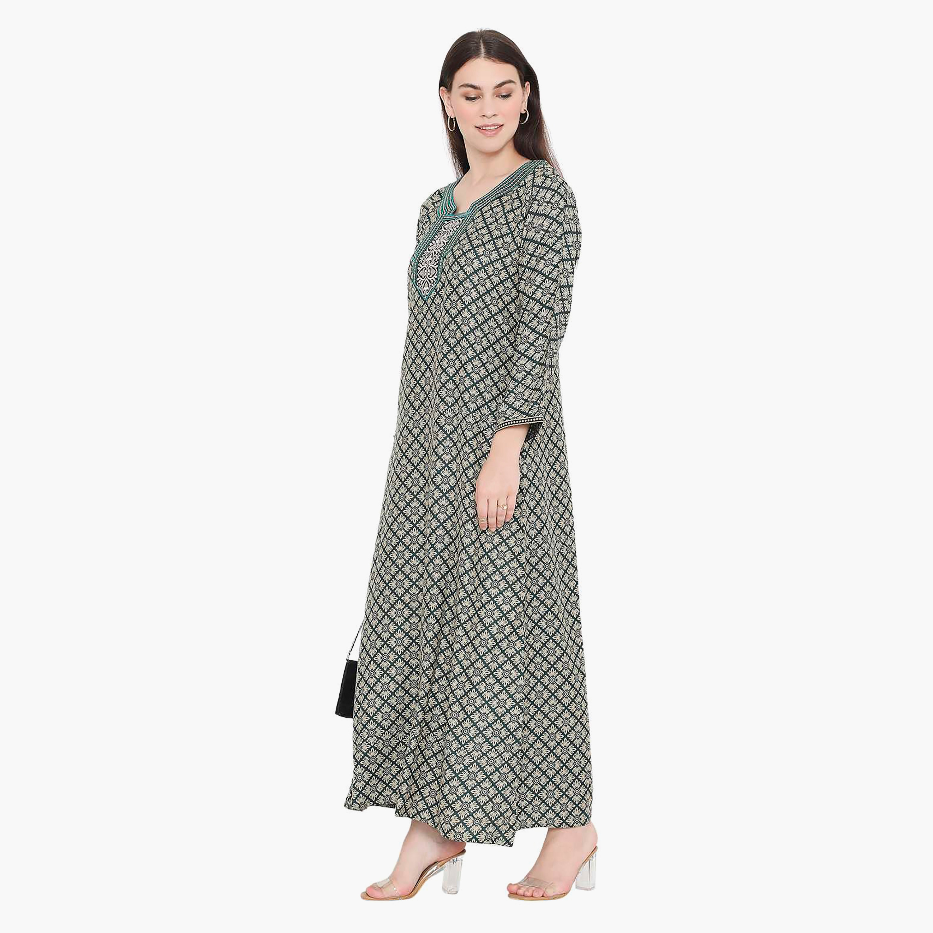 Hana & Sara Printed Embroidered Knot Neck Detail Women's Jalabiya-women-arabicclothing-jalabiyas-image-9