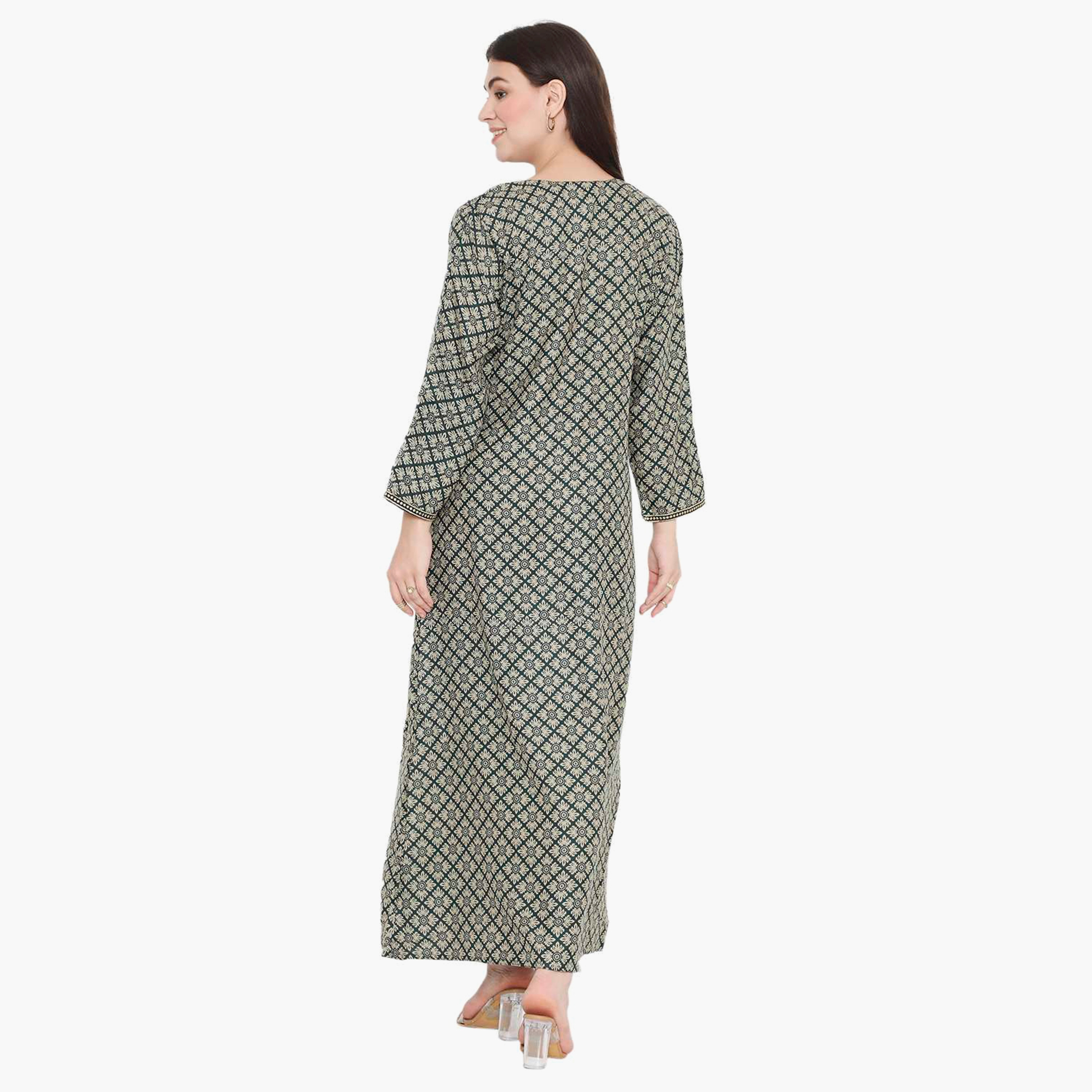 Hana & Sara Printed Embroidered Knot Neck Detail Women's Jalabiya-women-arabicclothing-jalabiyas-image-10