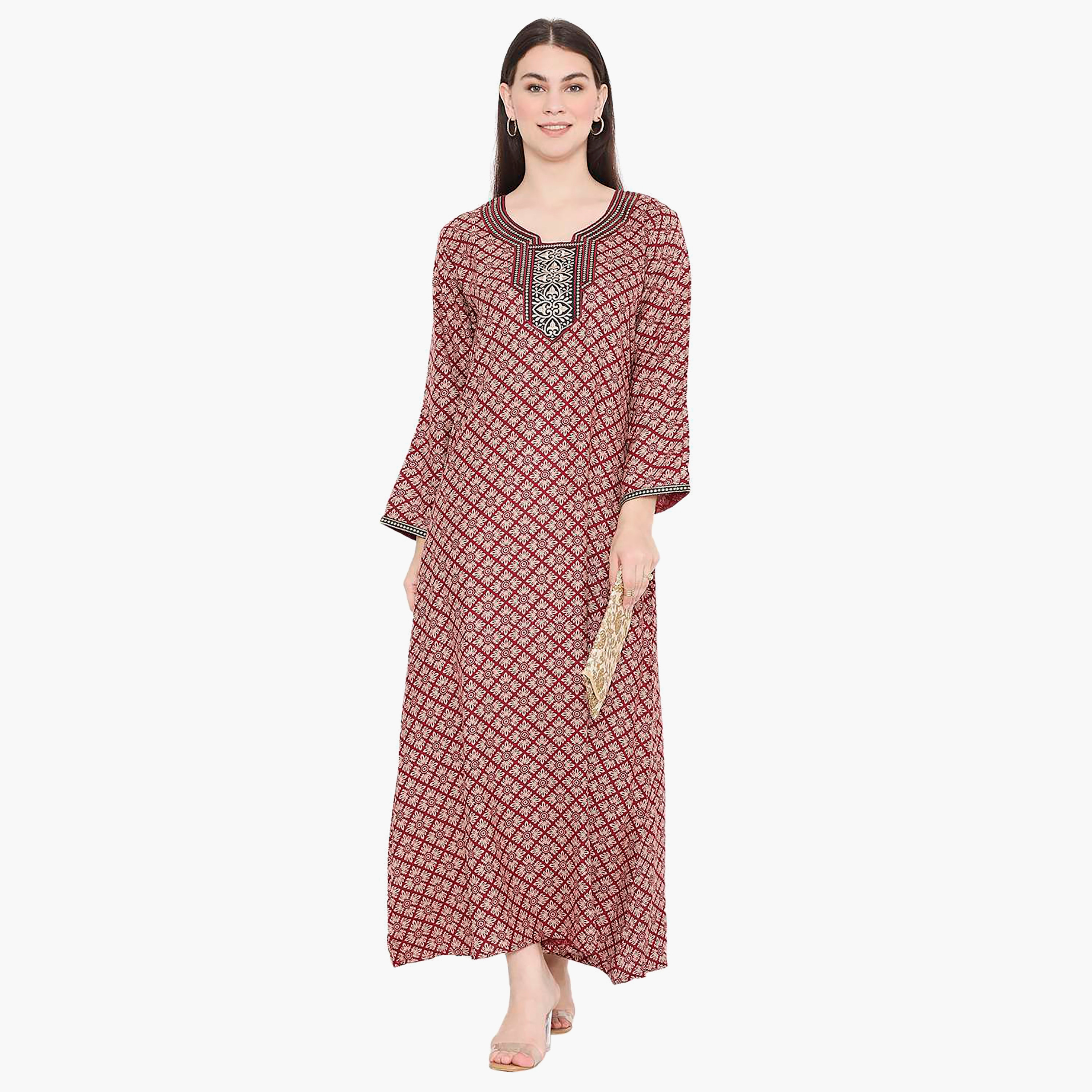Hana & Sara Printed Embroidered Knot Neck Detail Women's Jalabiya-women-arabicclothing-jalabiyas-image-11