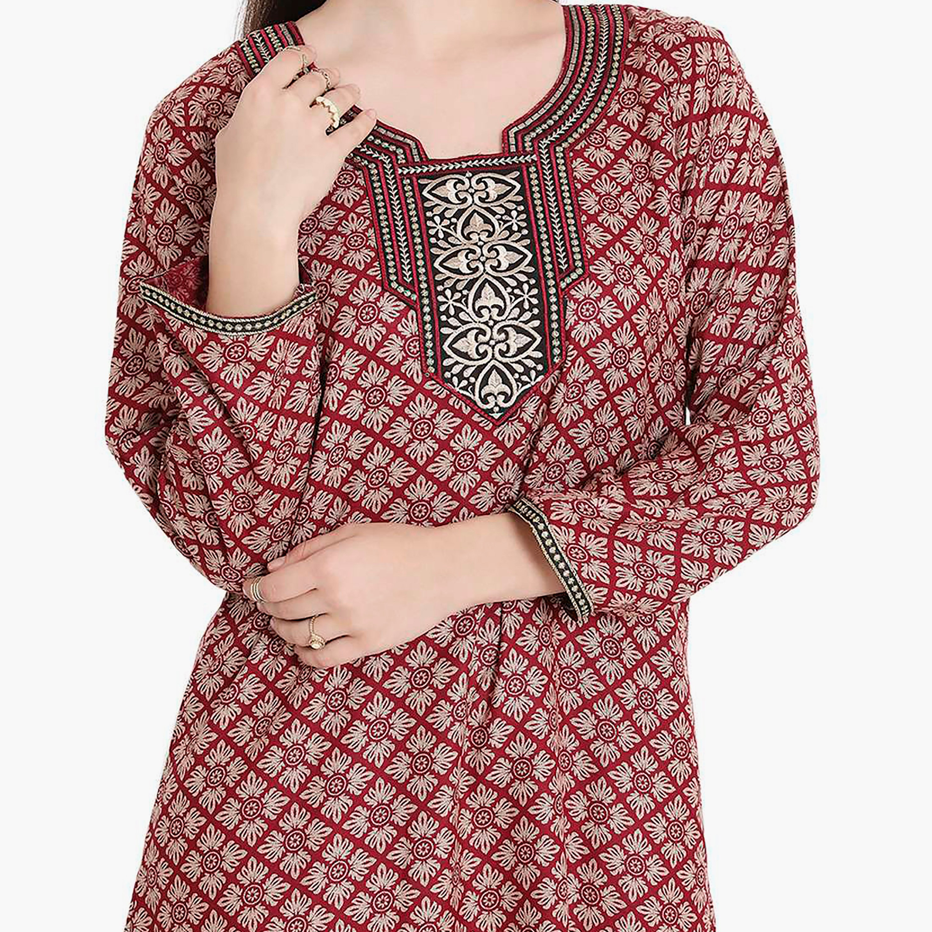 Hana & Sara Printed Embroidered Knot Neck Detail Women's Jalabiya-women-arabicclothing-jalabiyas-image-12