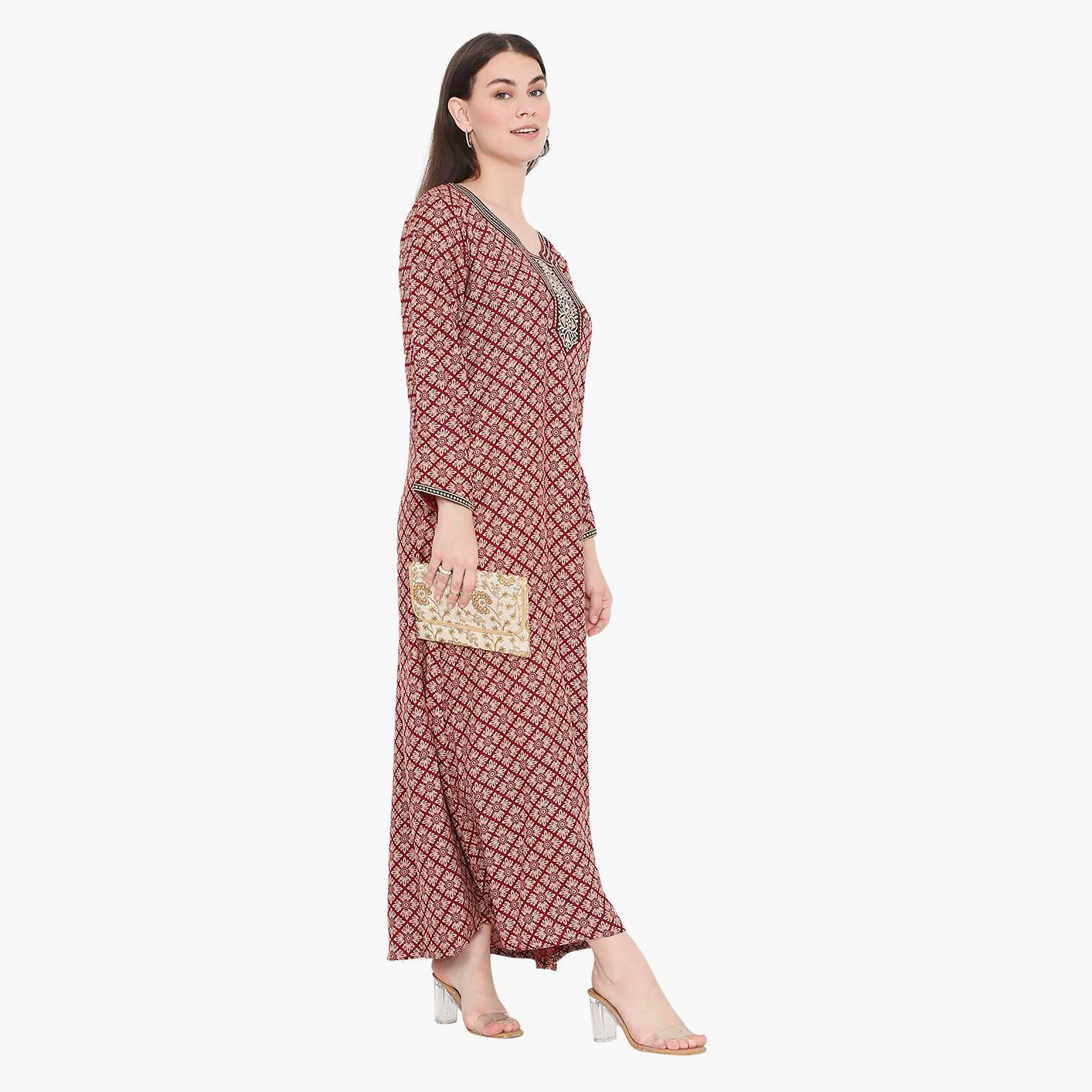 Hana & Sara Printed Embroidered Knot Neck Detail Women's Jalabiya-women-arabicclothing-jalabiyas-image-13