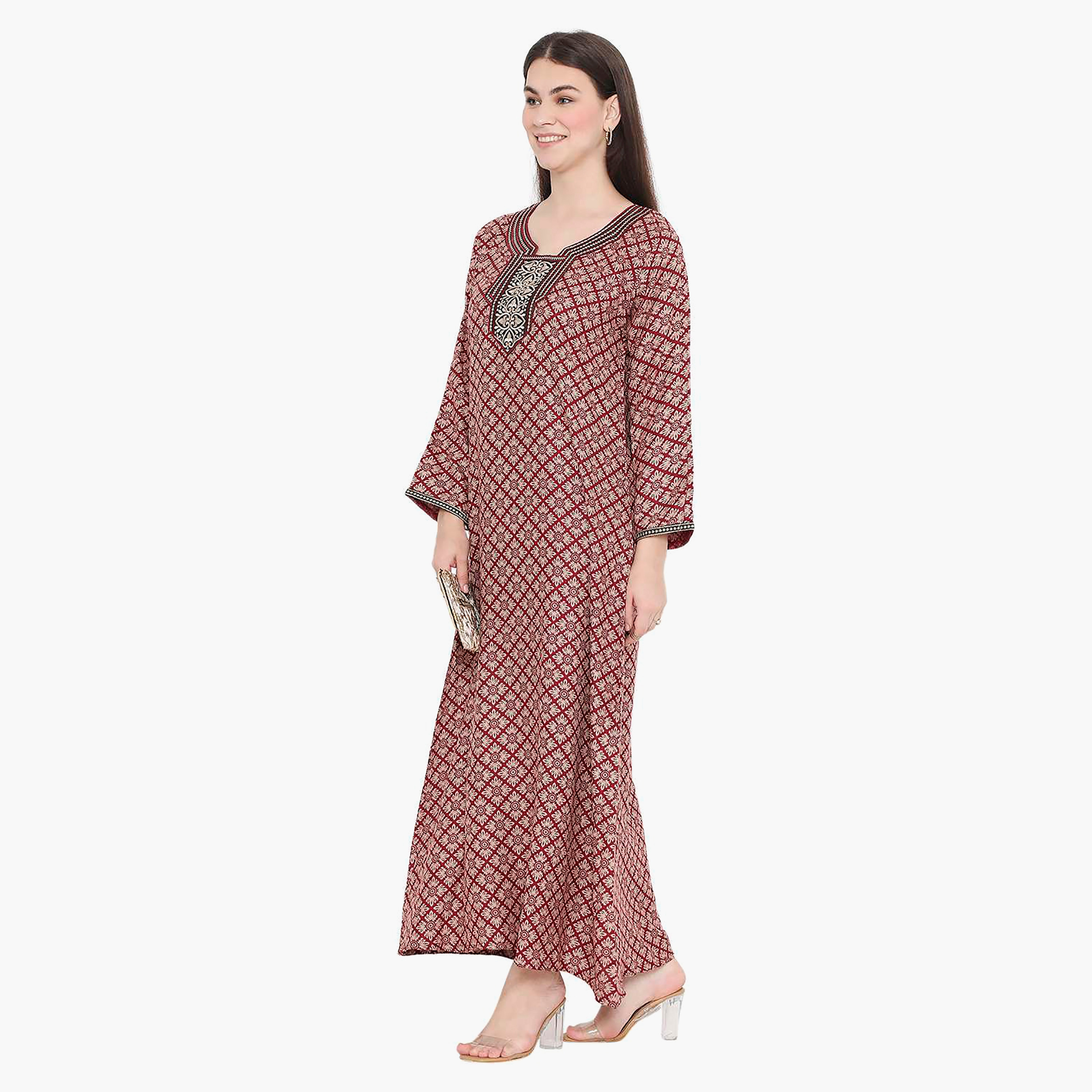 Hana & Sara Printed Embroidered Knot Neck Detail Women's Jalabiya-women-arabicclothing-jalabiyas-image-14