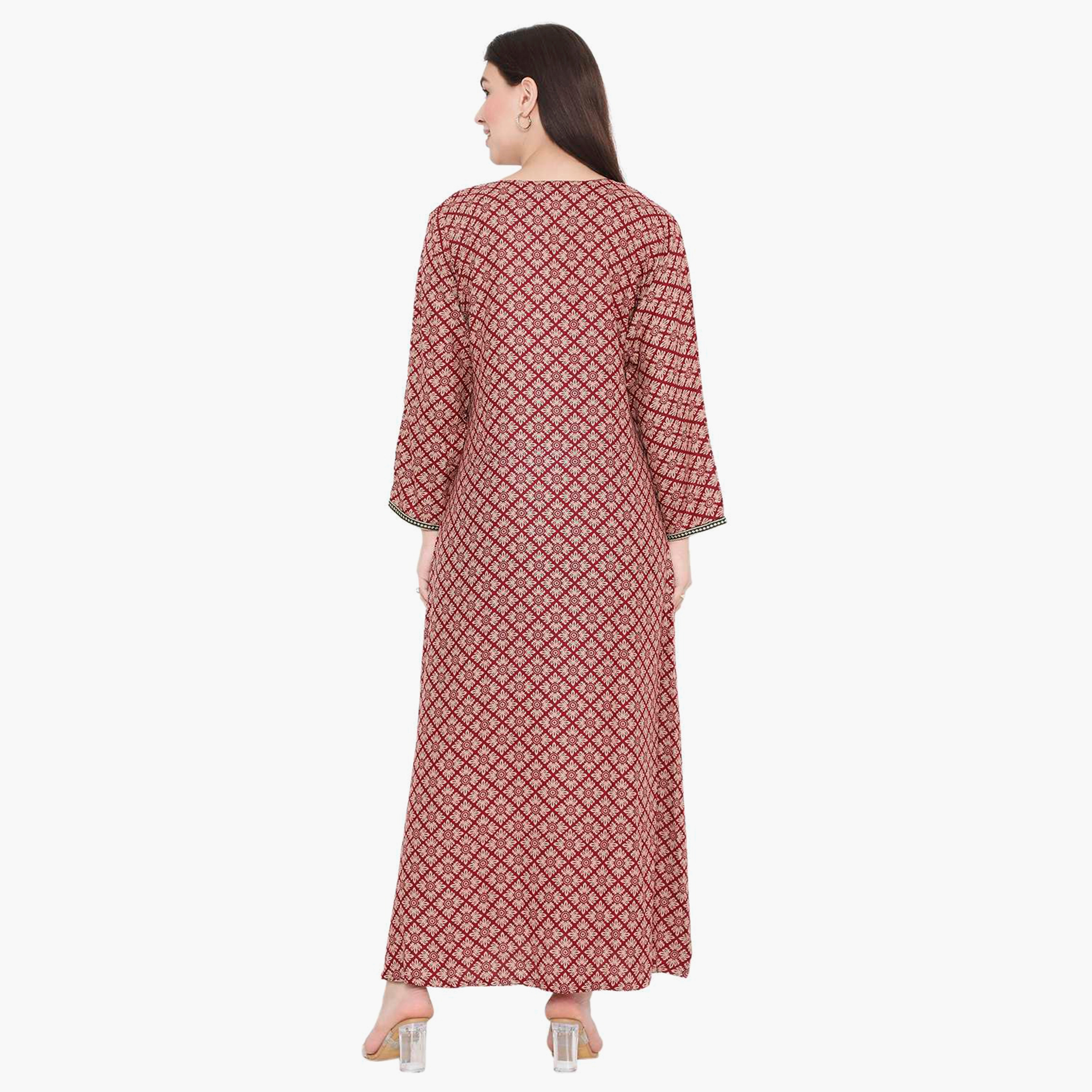 Hana & Sara Printed Embroidered Knot Neck Detail Women's Jalabiya-women-arabicclothing-jalabiyas-image-15