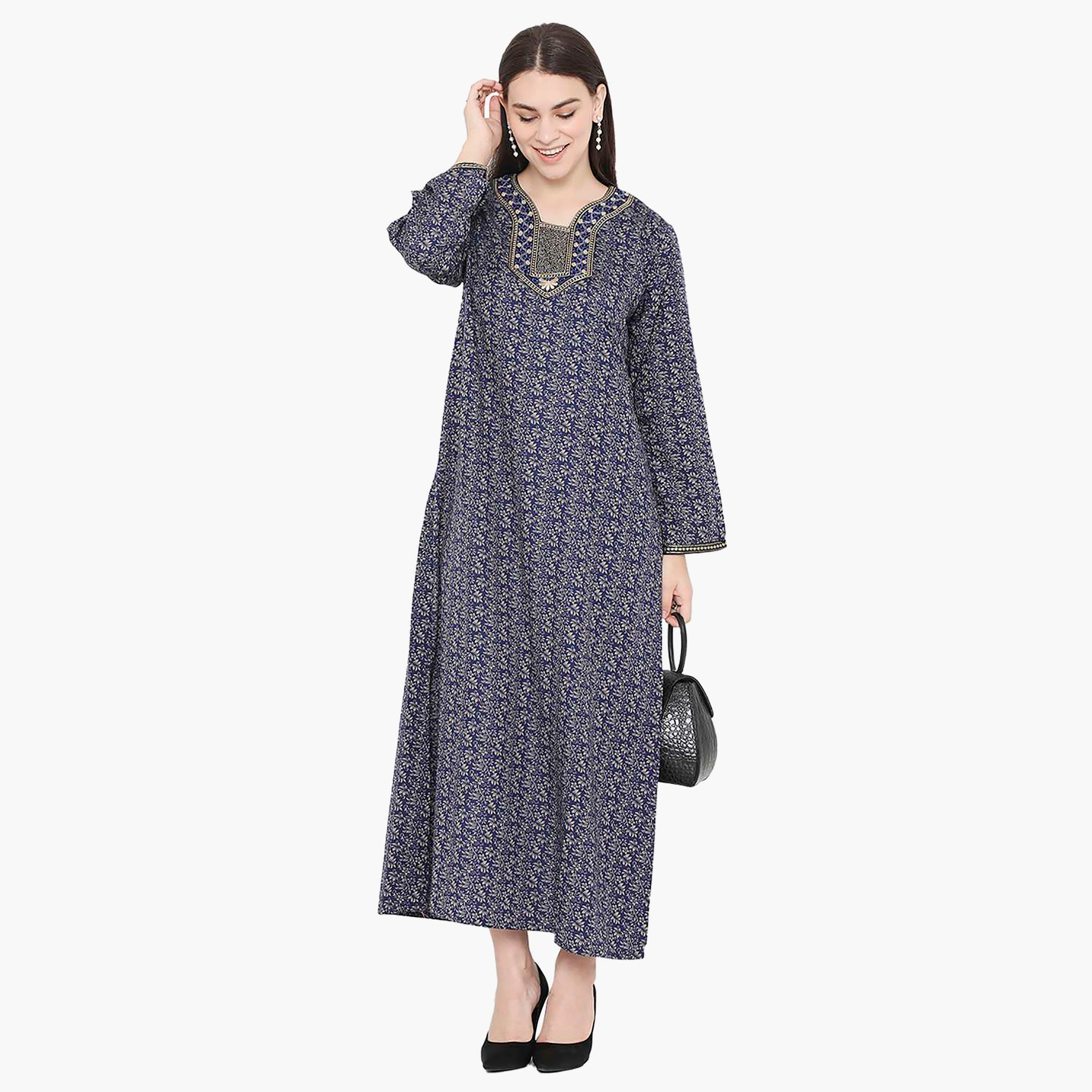 Hana & Sara Floral Embroidered Knot Neck Detail Women's Jalabiya-women-arabicclothing-jalabiyas-image-1