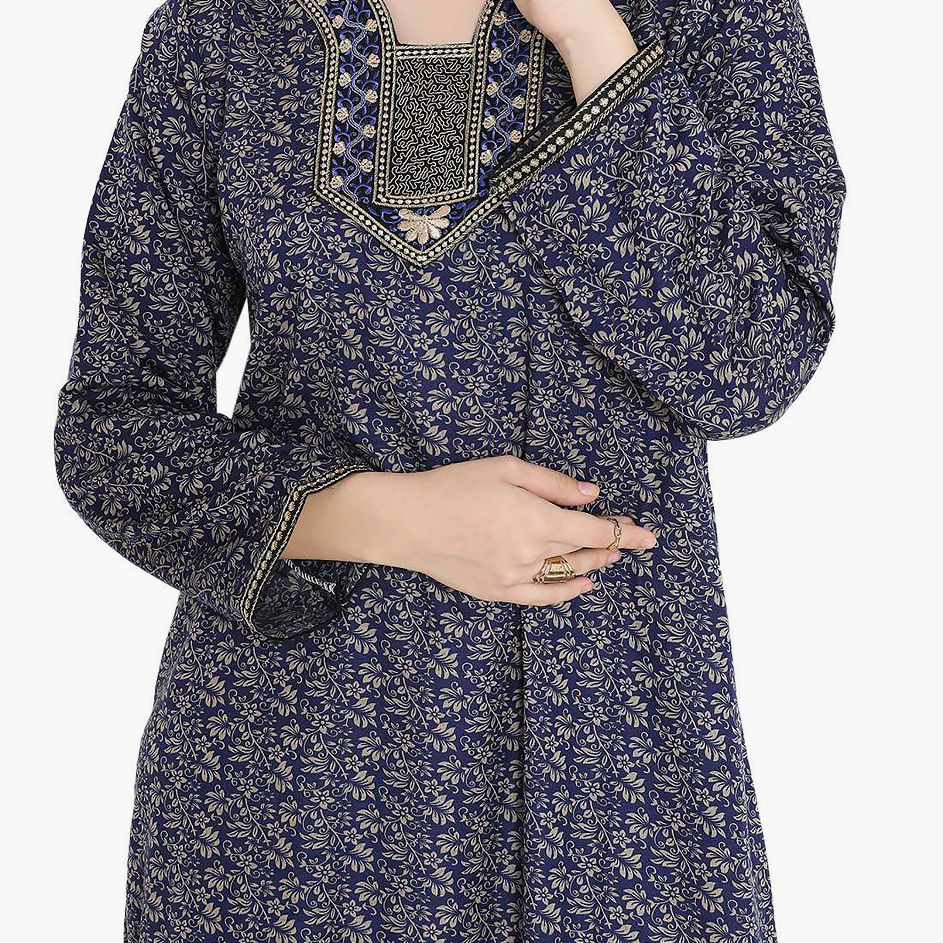 Hana & Sara Floral Embroidered Knot Neck Detail Women's Jalabiya-women-arabicclothing-jalabiyas-image-2
