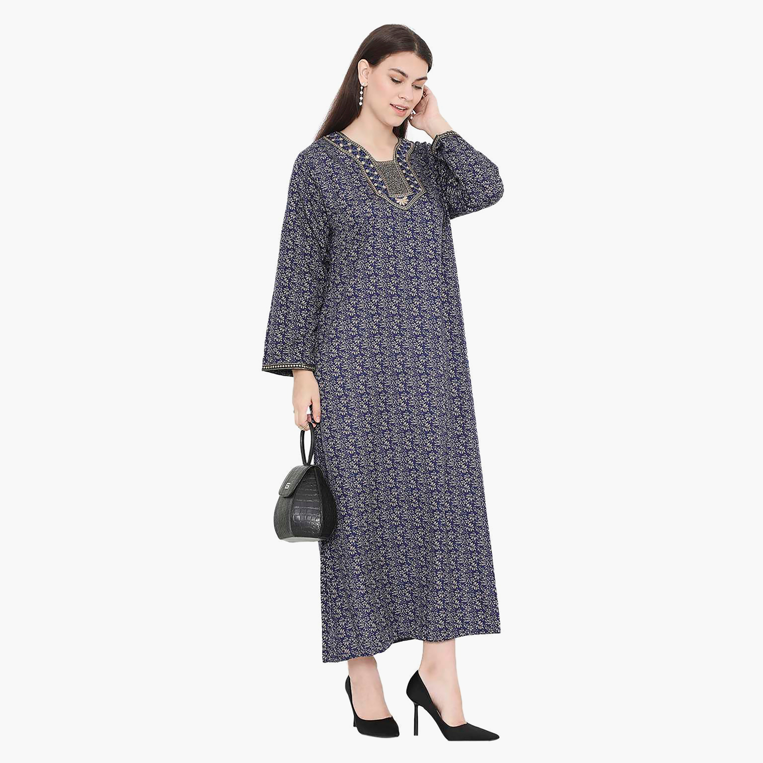 Hana & Sara Floral Embroidered Knot Neck Detail Women's Jalabiya-women-arabicclothing-jalabiyas-image-3