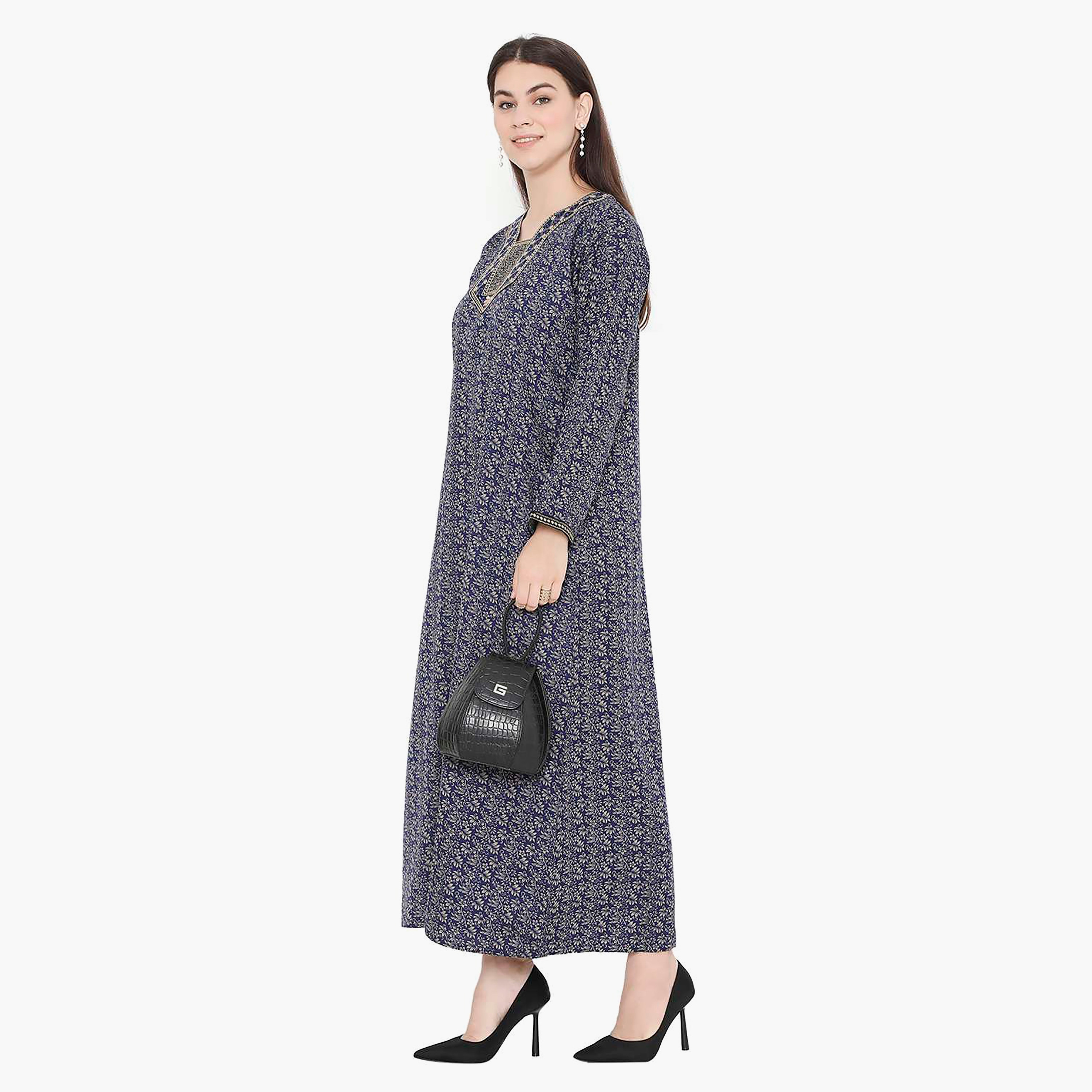 Hana & Sara Floral Embroidered Knot Neck Detail Women's Jalabiya-women-arabicclothing-jalabiyas-image-4