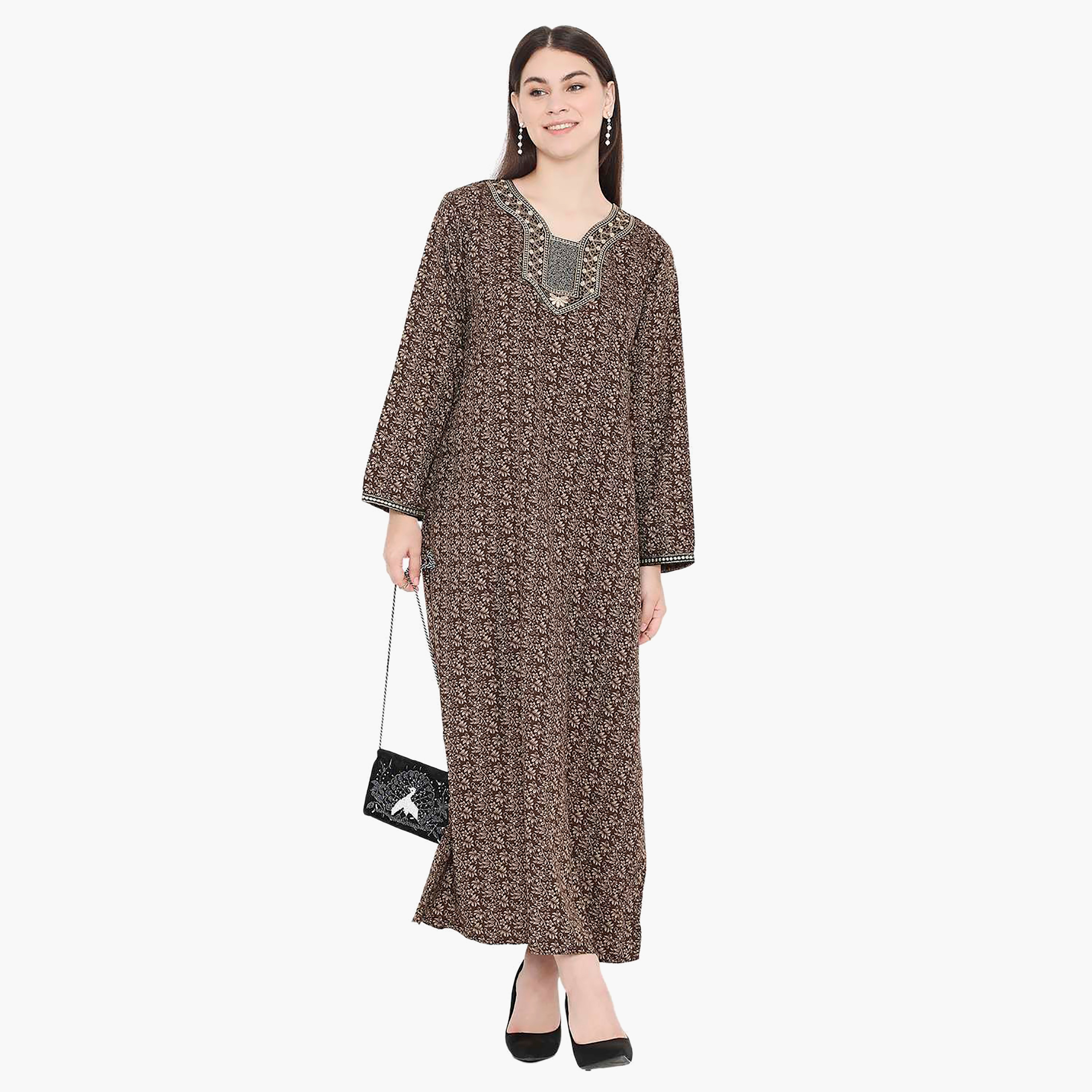 Hana & Sara Floral Embroidered Knot Neck Detail Women's Jalabiya-women-arabicclothing-jalabiyas-image-6