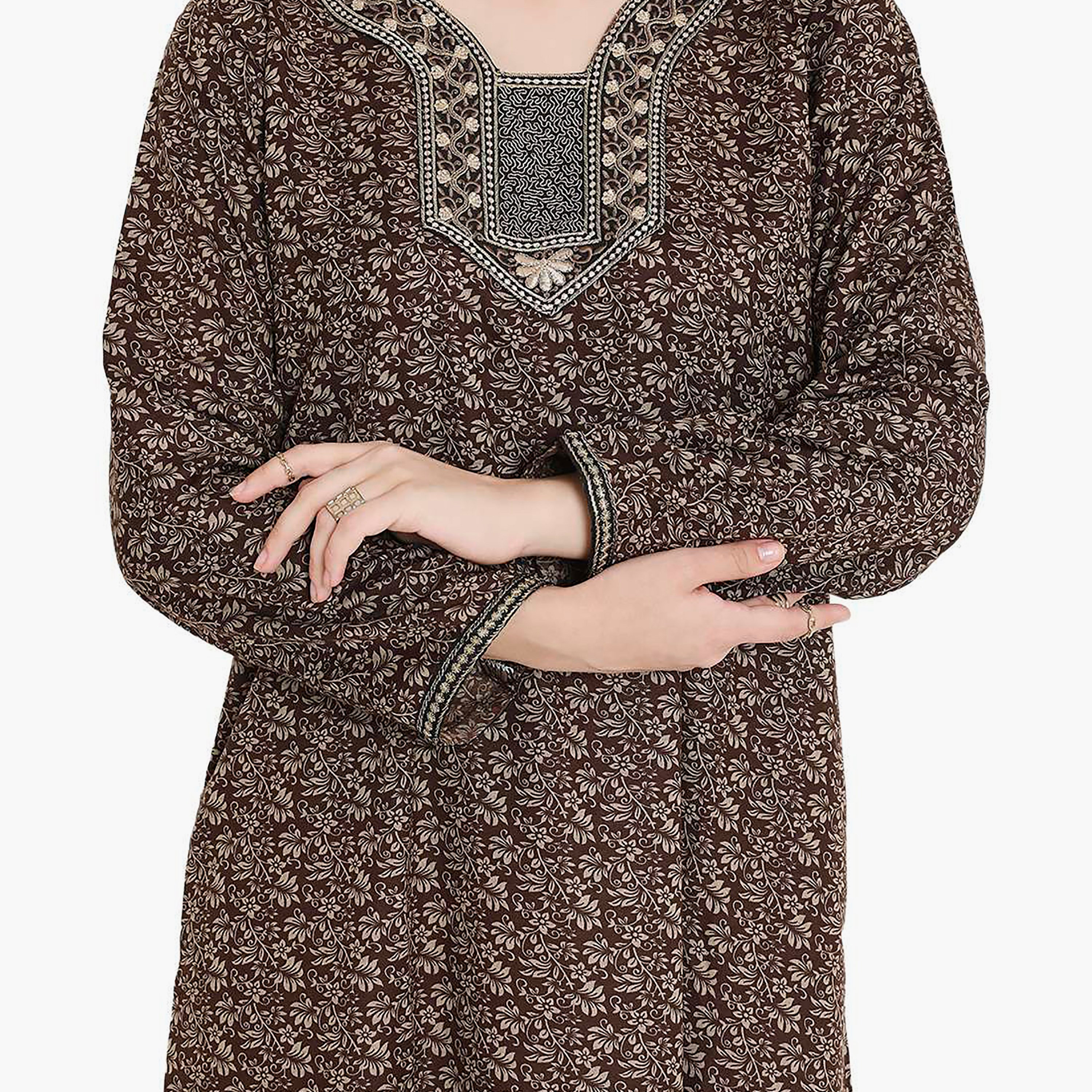 Hana & Sara Floral Embroidered Knot Neck Detail Women's Jalabiya-women-arabicclothing-jalabiyas-image-7