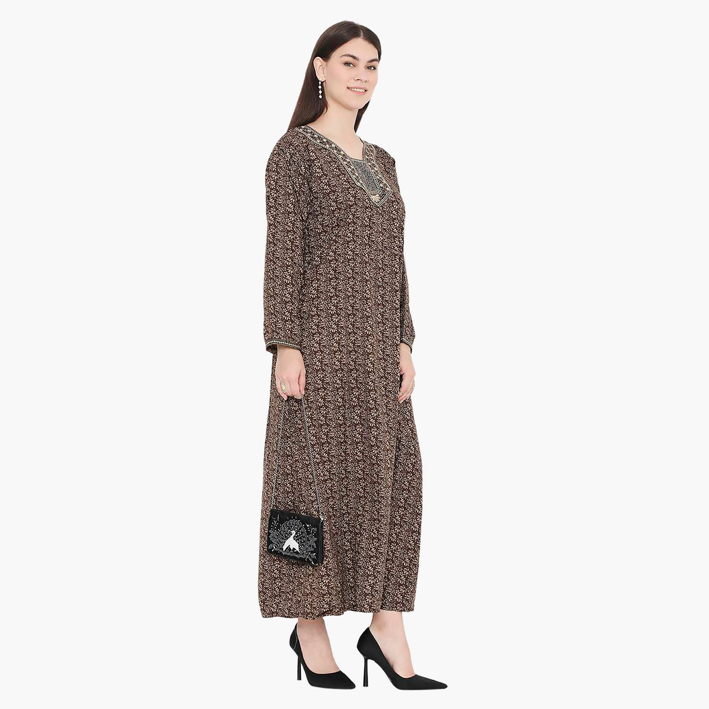 Hana & Sara Floral Embroidered Knot Neck Detail Women's Jalabiya-women-arabicclothing-jalabiyas-image-9