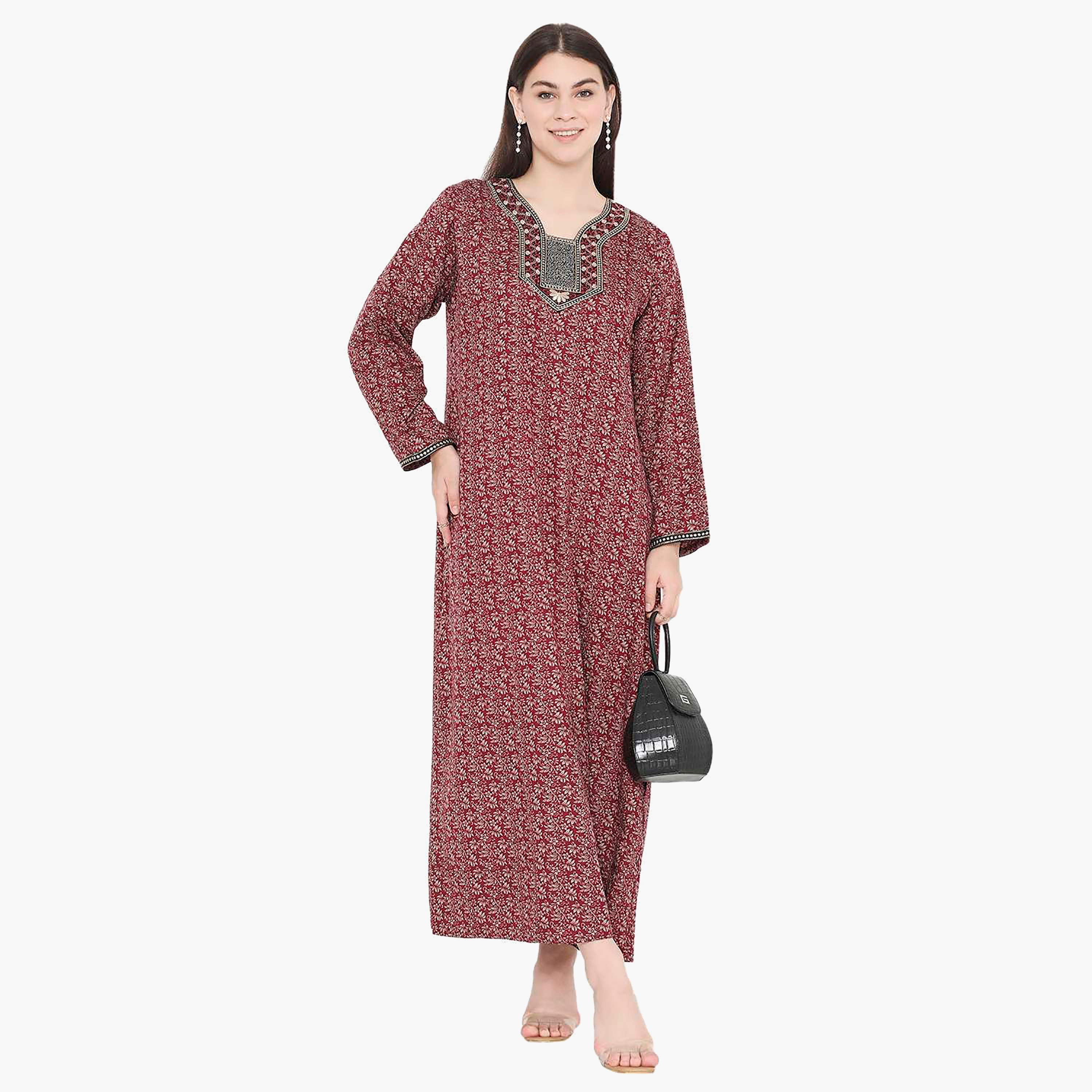 Hana & Sara Floral Embroidered Knot Neck Detail Women's Jalabiya-women-arabicclothing-jalabiyas-image-11